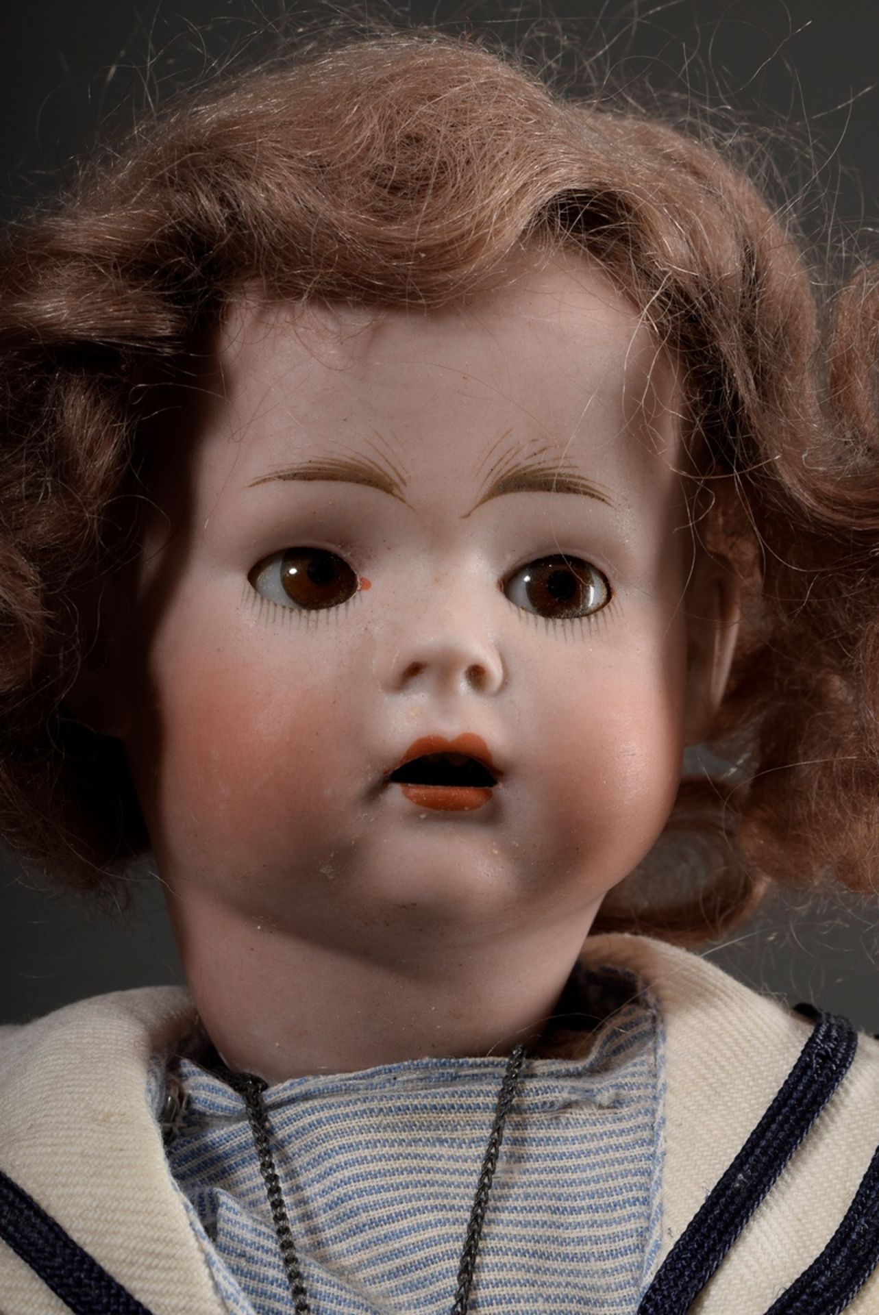 Small doll with porcelain crank head and mass jointed body, ash blond mohair wig, brown glass eyes, - Image 2 of 8