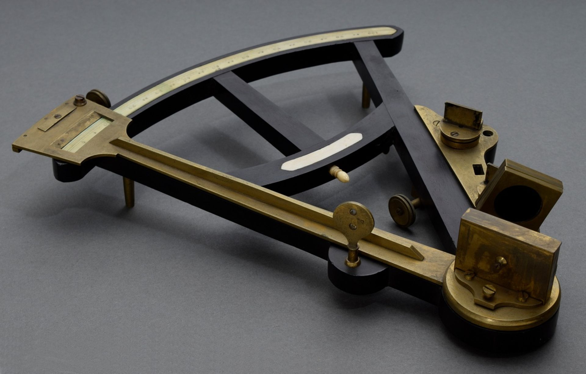 Ebony sextant with brass eyepieces and instruments, bone inlays, 19th century, h. 30cm, traces of a - Image 3 of 4