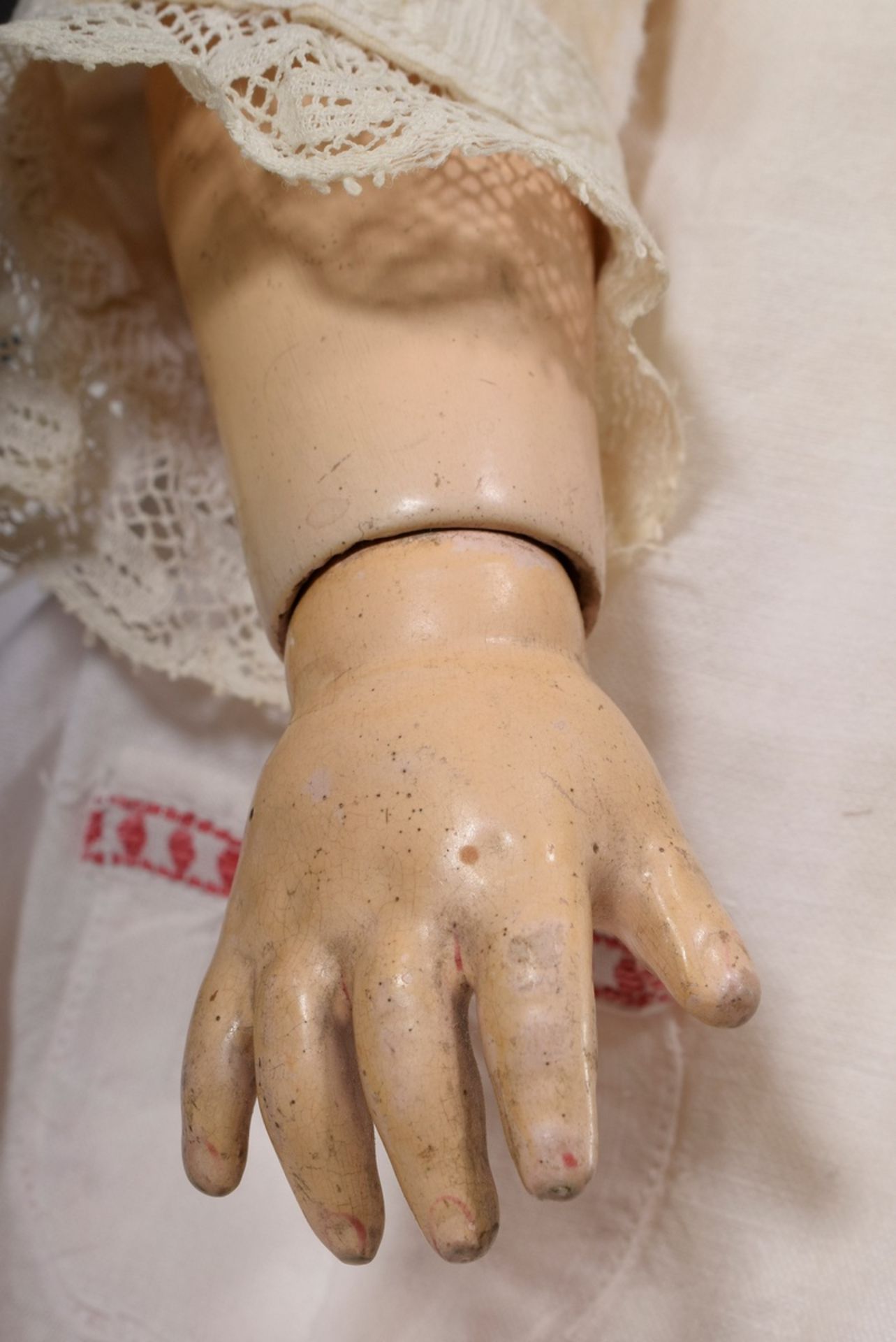 Doll with porcelain crank head and wooden/mass jointed body, brown human hair wig, blue glass eyes, - Image 5 of 10