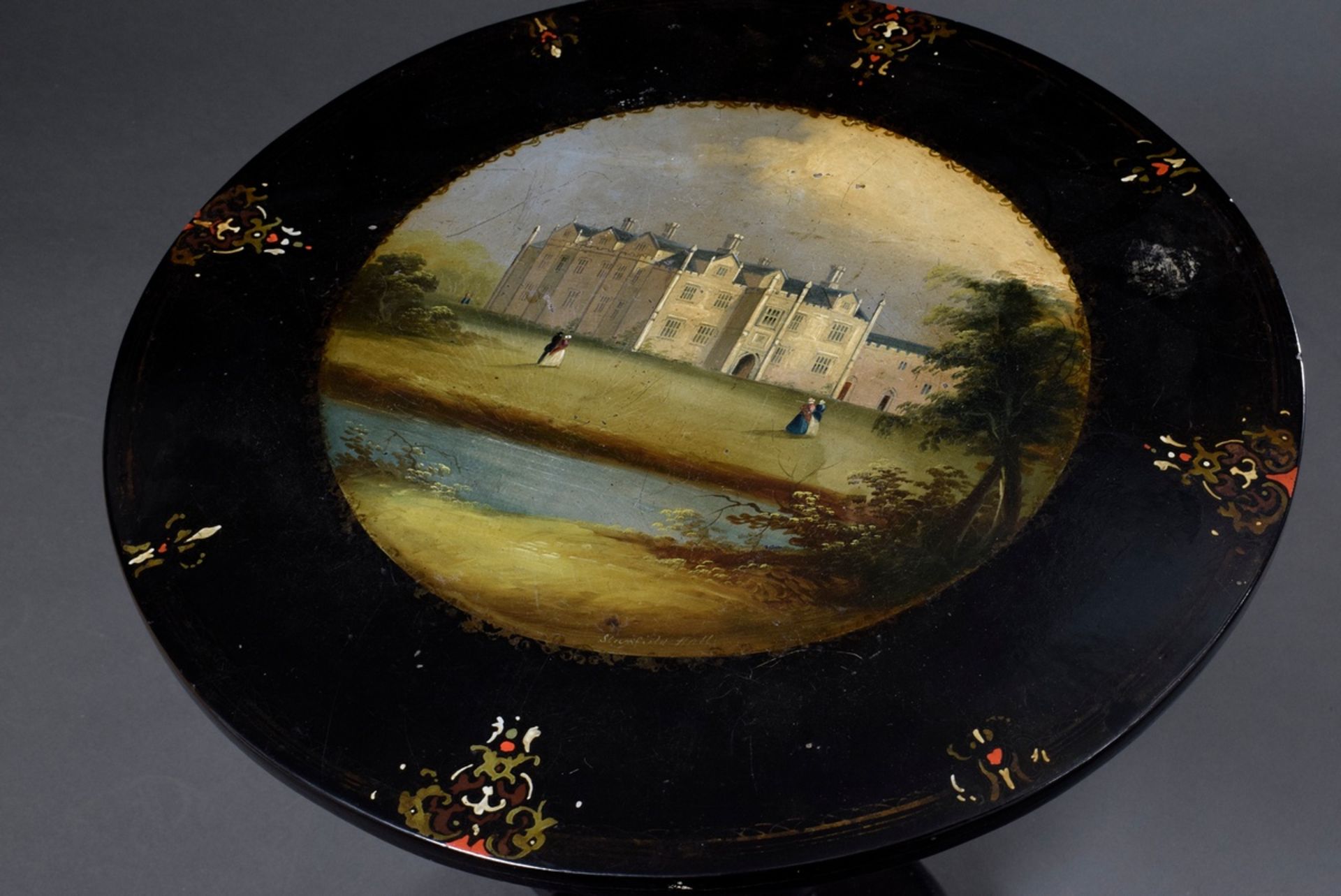 Small black lacquer table with polychrome painting "Tudor Castle" on the top, England 2nd half 19th - Image 2 of 4