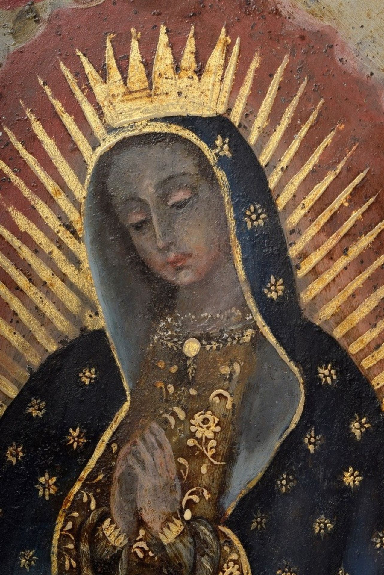 Südamerikanisches Andachtsbild "Maria Immaculata", 18./19.Jh., Öl/Metall, 45,5x35cm (oval), Defekte - Bild 2 aus 5