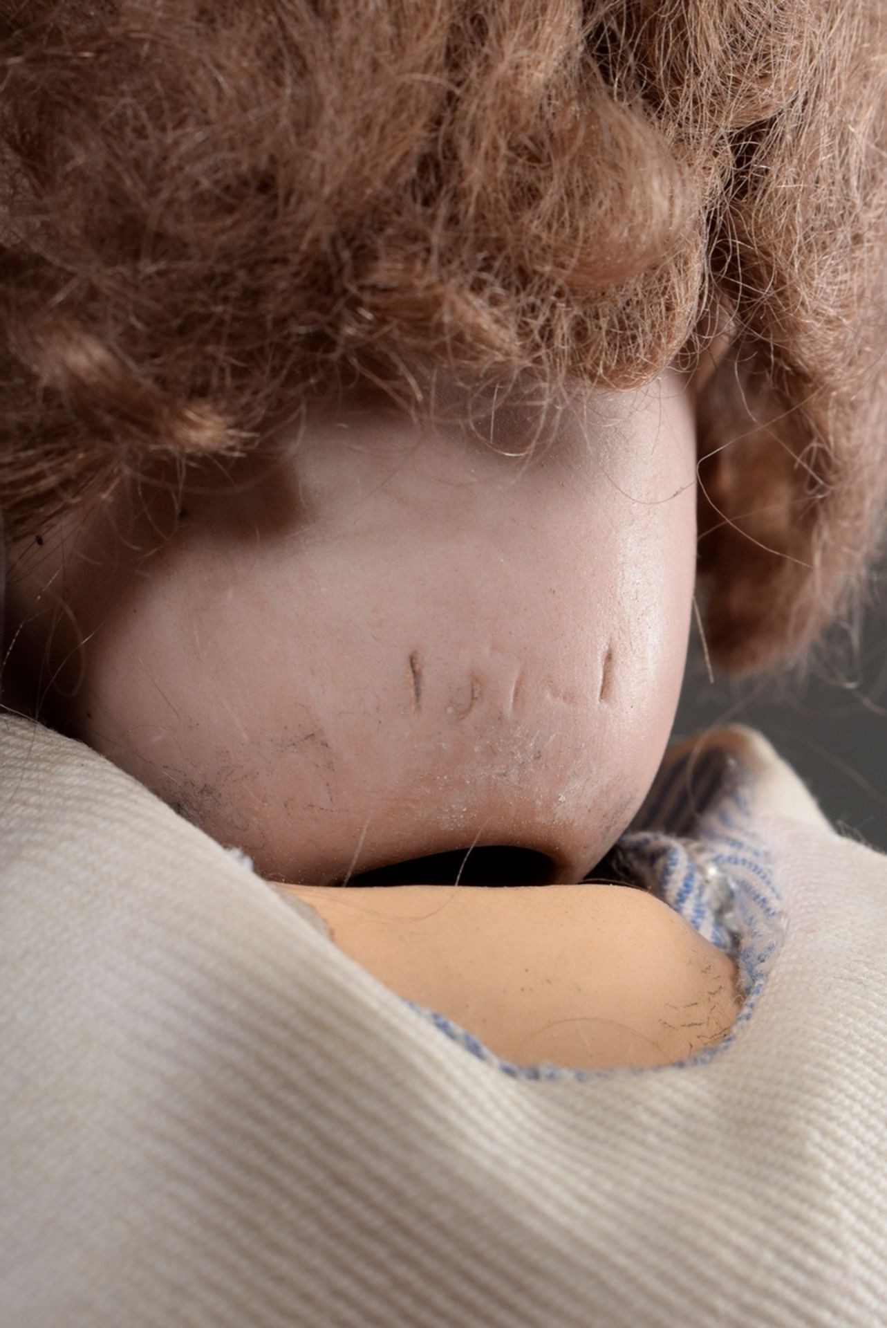 Small doll with porcelain crank head and mass jointed body, ash blond mohair wig, brown glass eyes, - Image 8 of 8