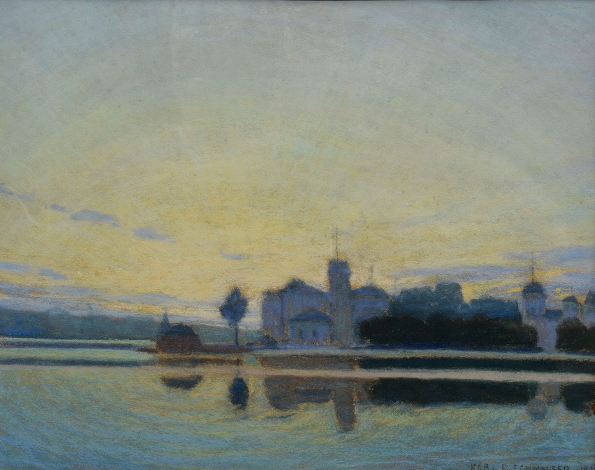 Schmauser, Karl P. (1883-?) "Uhlenhorster Ferry House at Sunrise" 1911, pastel/paper, b.r. sign./da