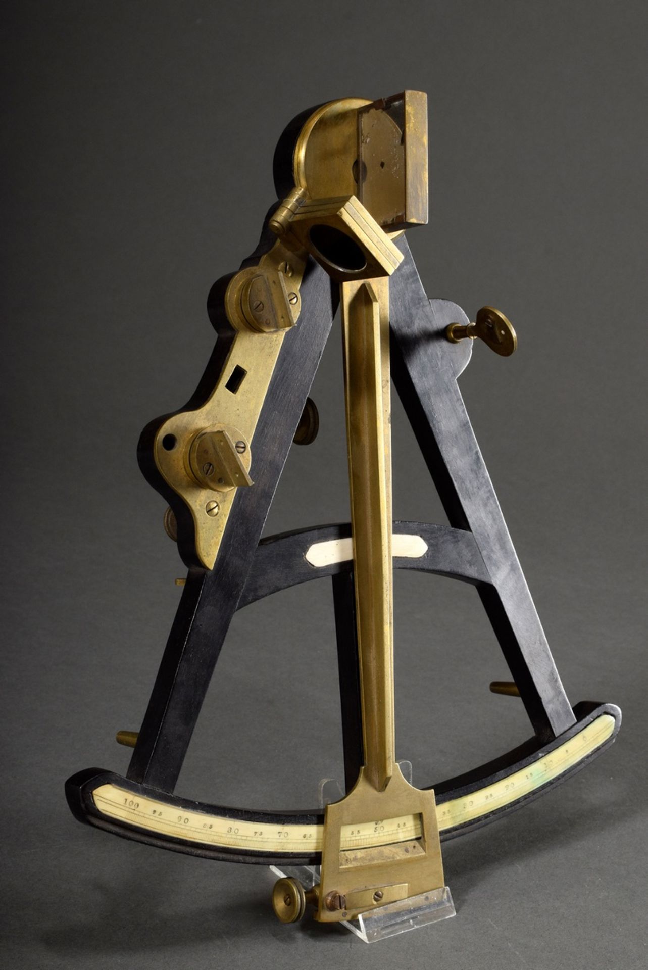 Ebony sextant with brass eyepieces and instruments, bone inlays, 19th century, h. 30cm, traces of a
