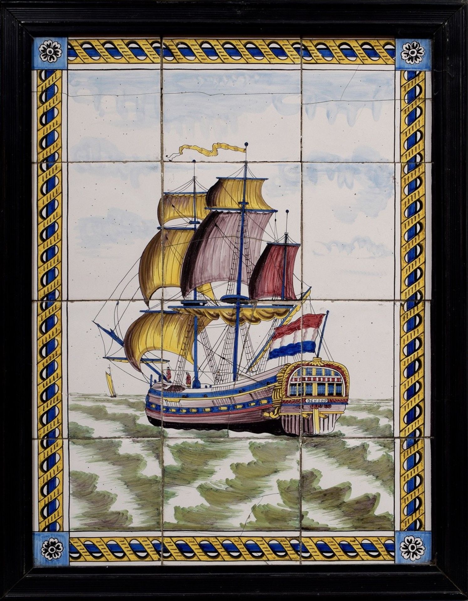 Holländisches Fliesenbild in polychromer Malerei "Zweimaster 'De Hoop'", 19.Jh., 52,3x40,3cm (m.R. 