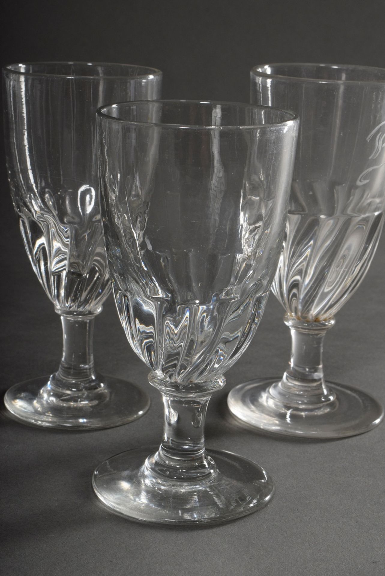 8 Rustic glasses with twisted features on the dome, blown into the mould, colourless glass, France  - Image 2 of 4