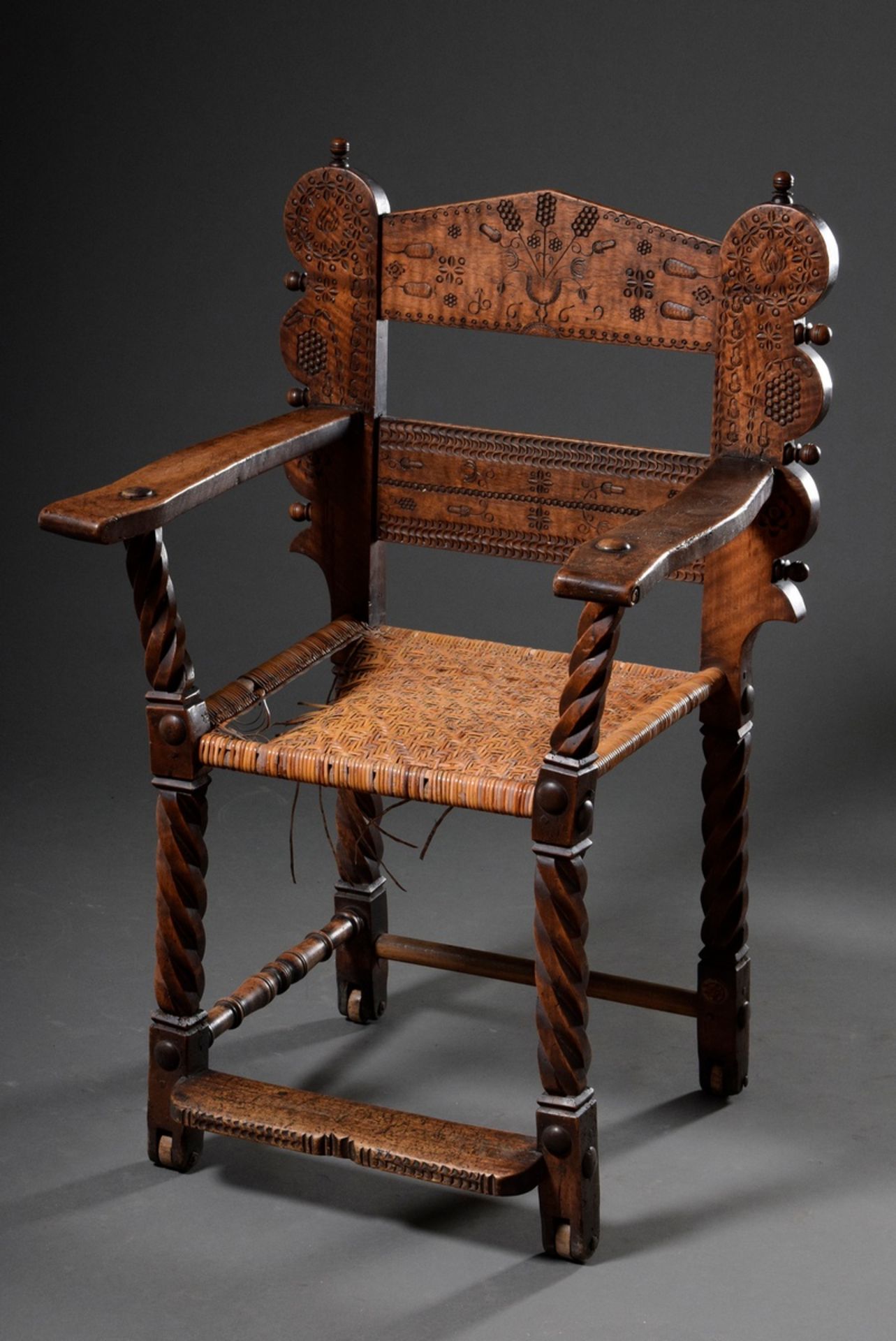 Pair of museum armchairs with finely carved decorations in the backrest, spirally twisted legs and  - Image 2 of 14