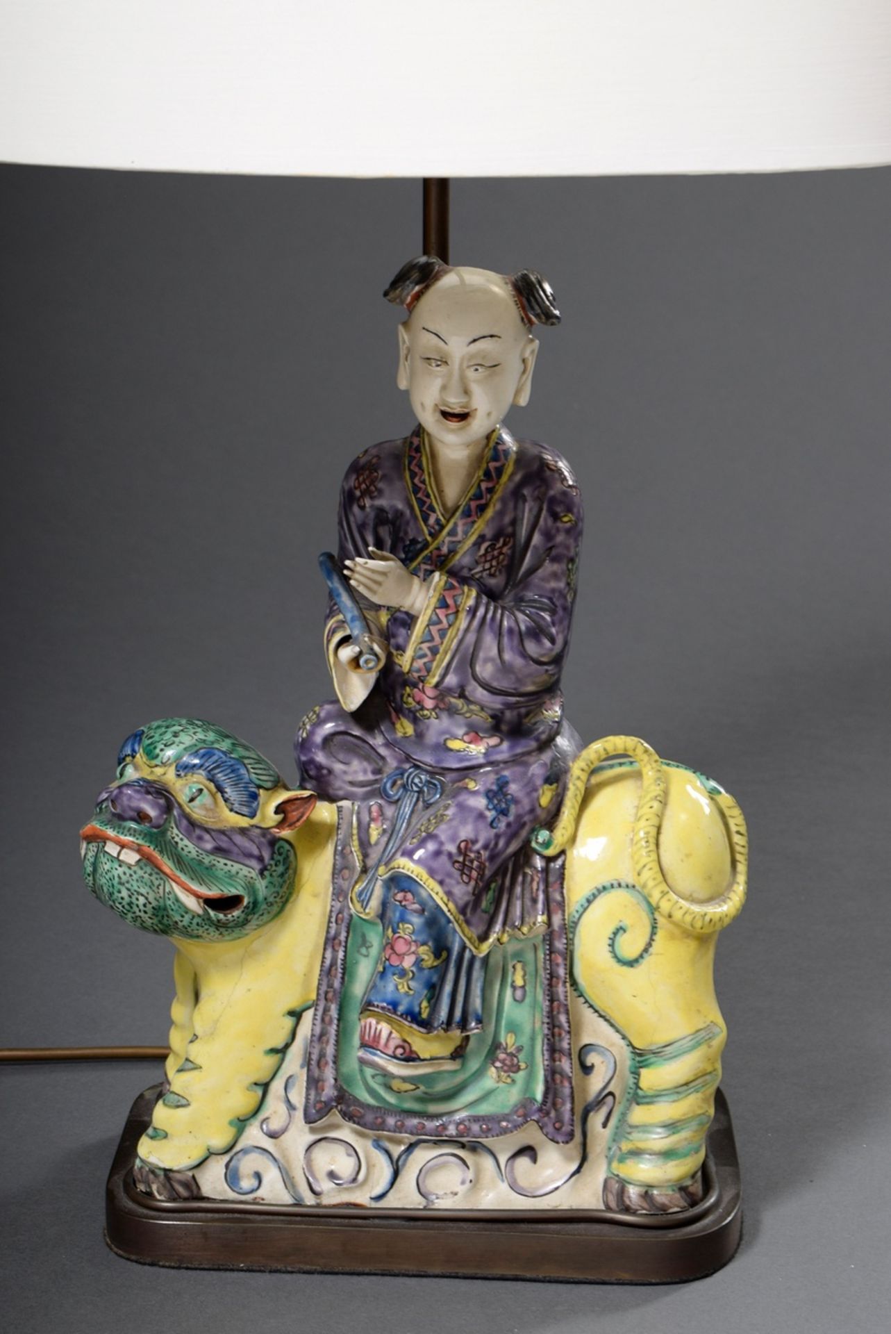 Table lamp with faience figure "Rider with scroll on fo lion" after Asian model, colourfully painte - Image 2 of 5