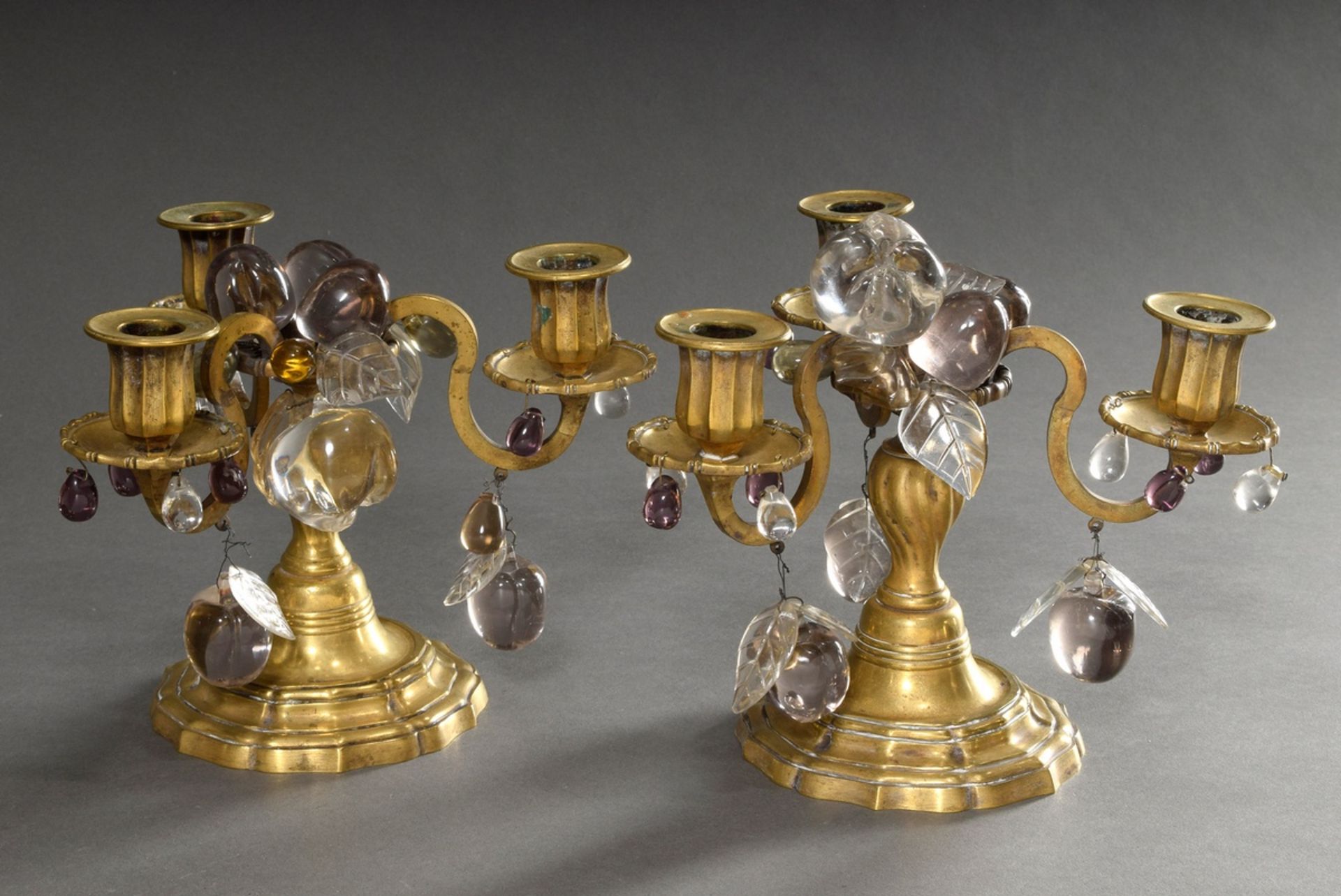 Pair of three-lamp French bronze girandoles with coloured "fruit" prisms in Louis XV style, 19th ce