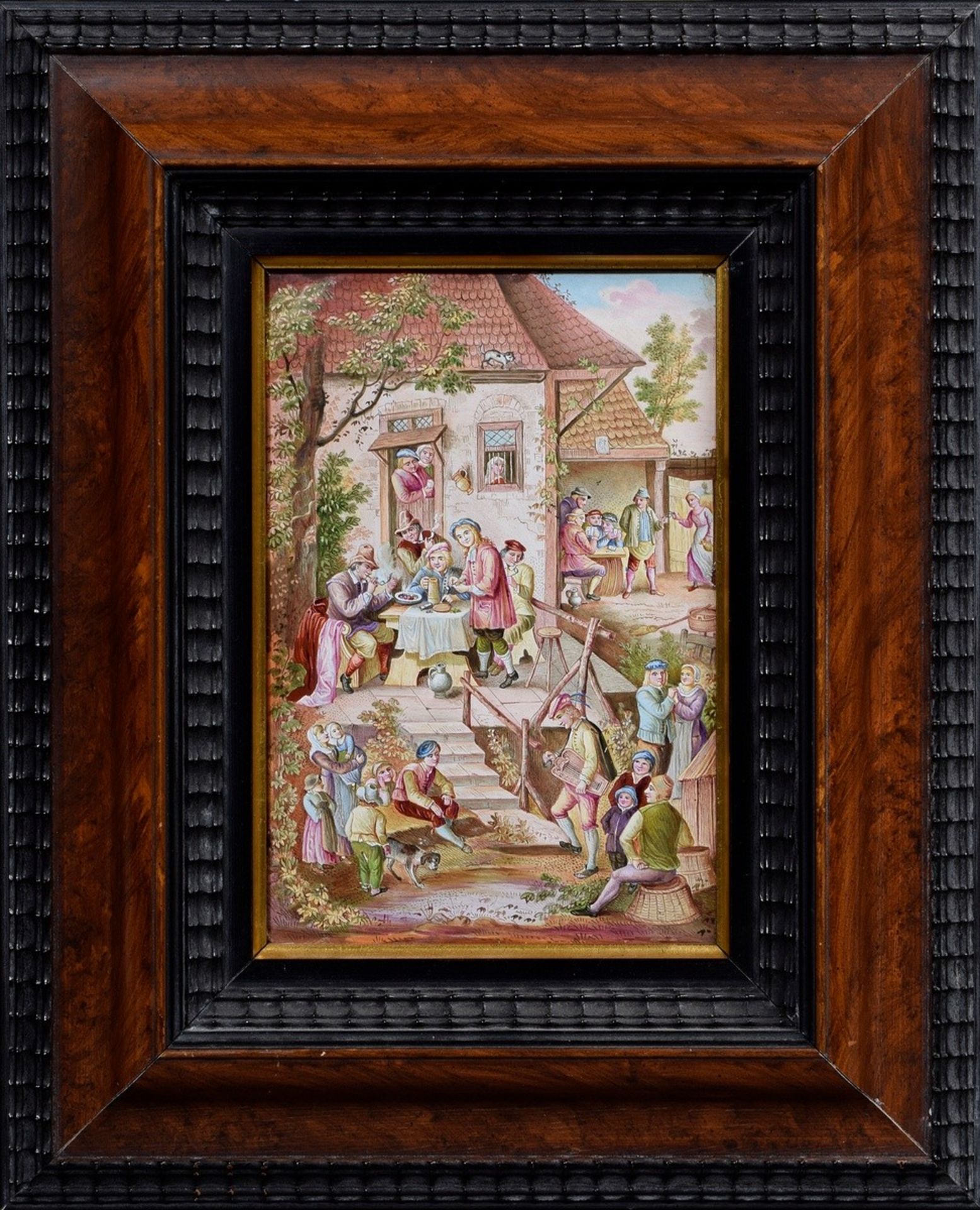 Viennese enamel painting "In the garden of the inn", genre scene after an old Dutch model, in wave  - Image 2 of 4