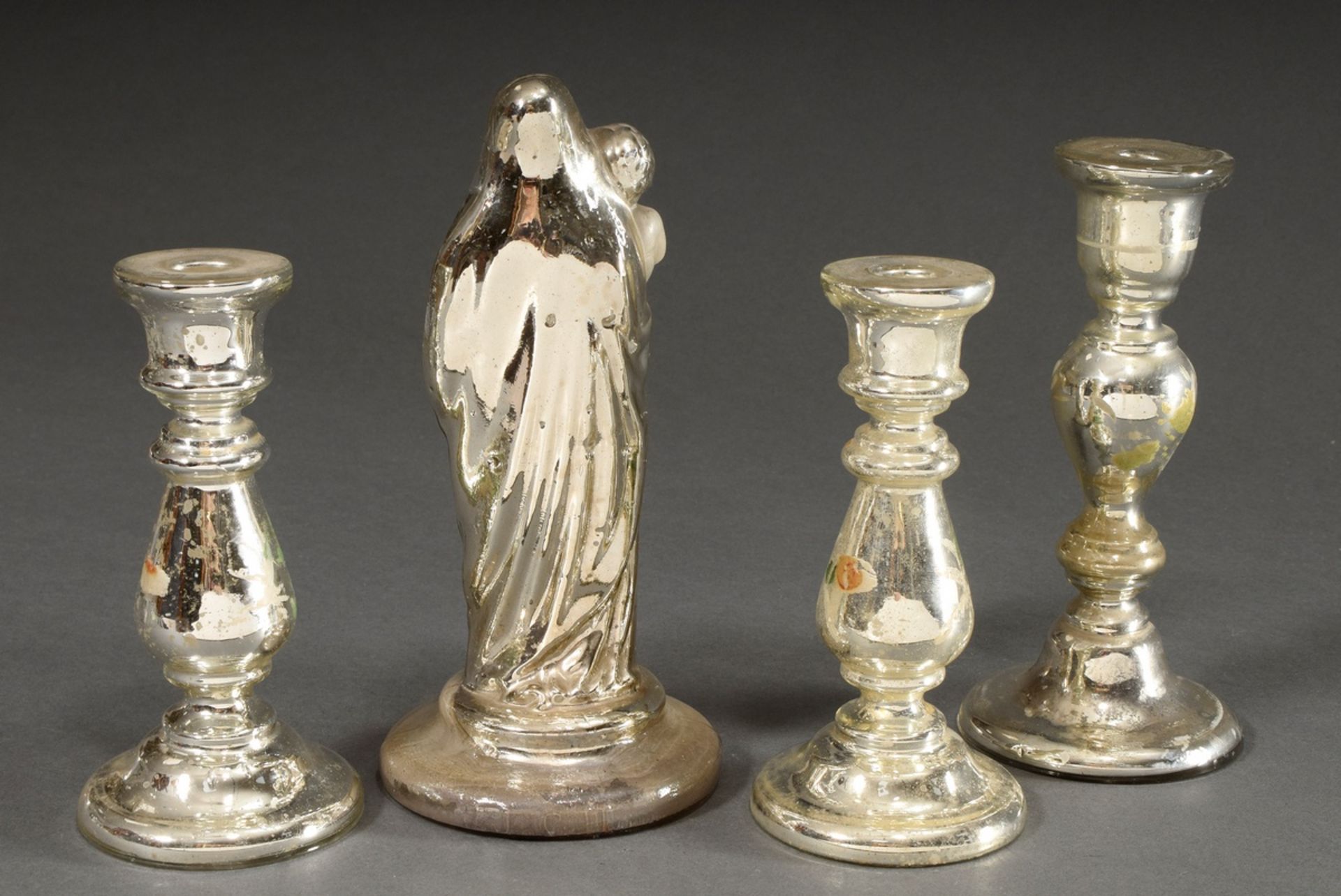 4 Various pieces of mercury silver: 1 Madonna with child (h. 22cm) and 3 candlesticks with "roses"  - Image 2 of 6