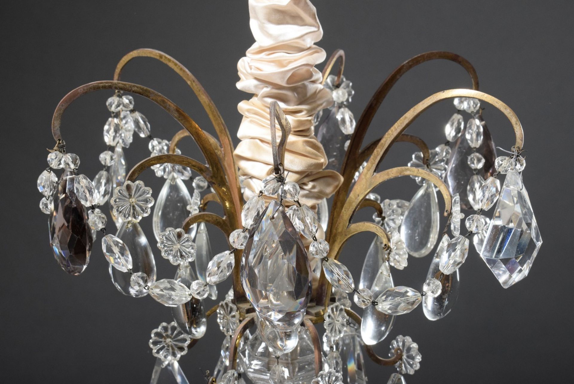 Fire-gilt bronze chandelier with elaborate prismatic hangings and cut balusters on a triangular bas - Image 9 of 9