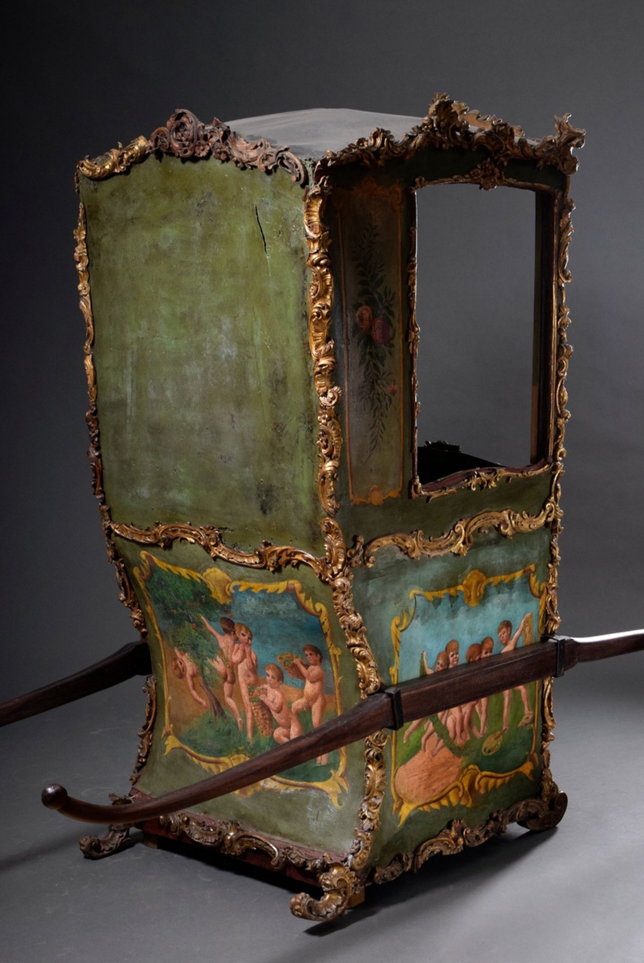 Rococo-style sedan chair with painted canvas covering "Putten-Allegorien" and carved rocaille mould - Image 4 of 15