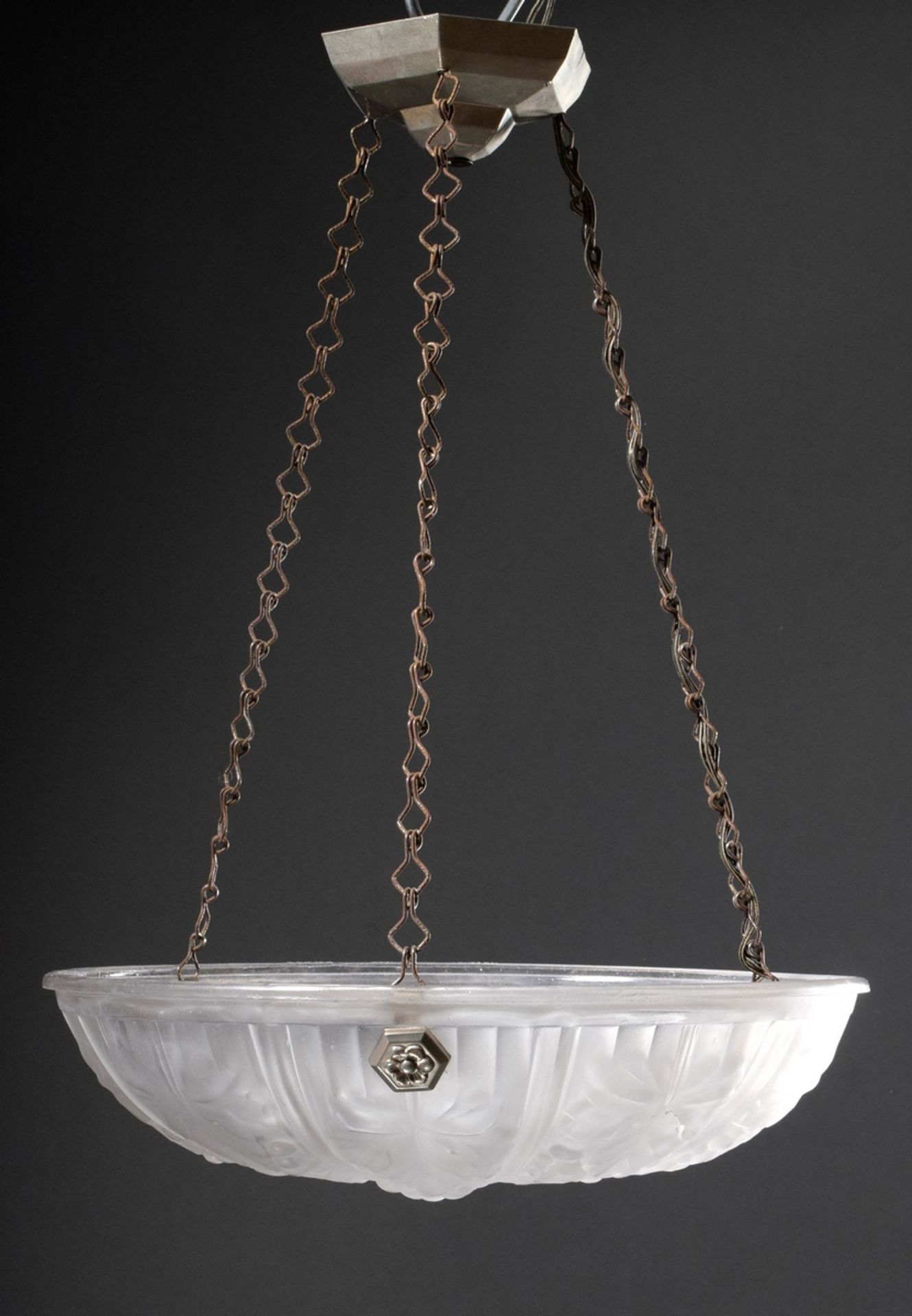 Art Deco ceiling lamp with satinised pressed glass bowl "vine leaves" decor on chromed metal frame,
