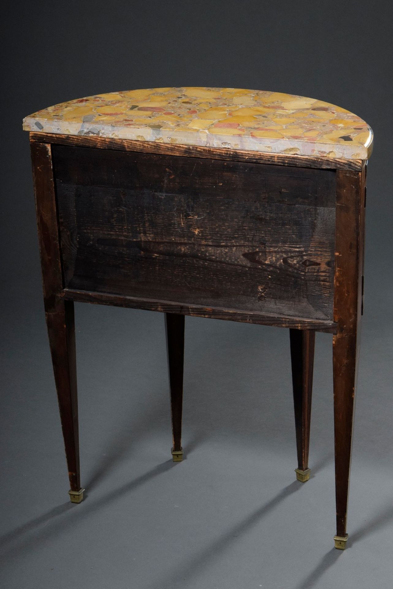 Dainty demi lune console chest with geometric marquetry and marble top in Louis XVI style, end of 1 - Image 9 of 9