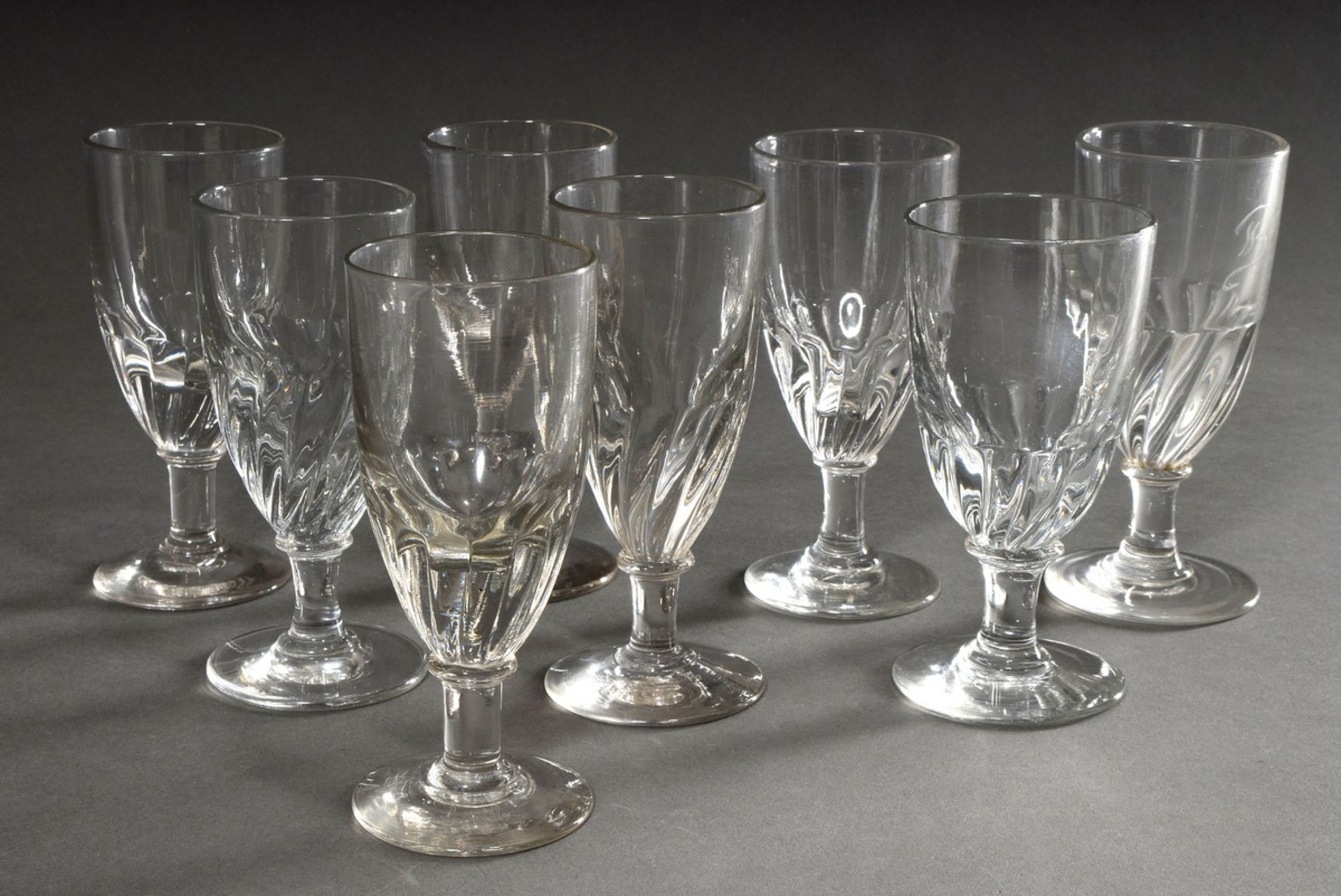 8 Rustic glasses with twisted features on the dome, blown into the mould, colourless glass, France 