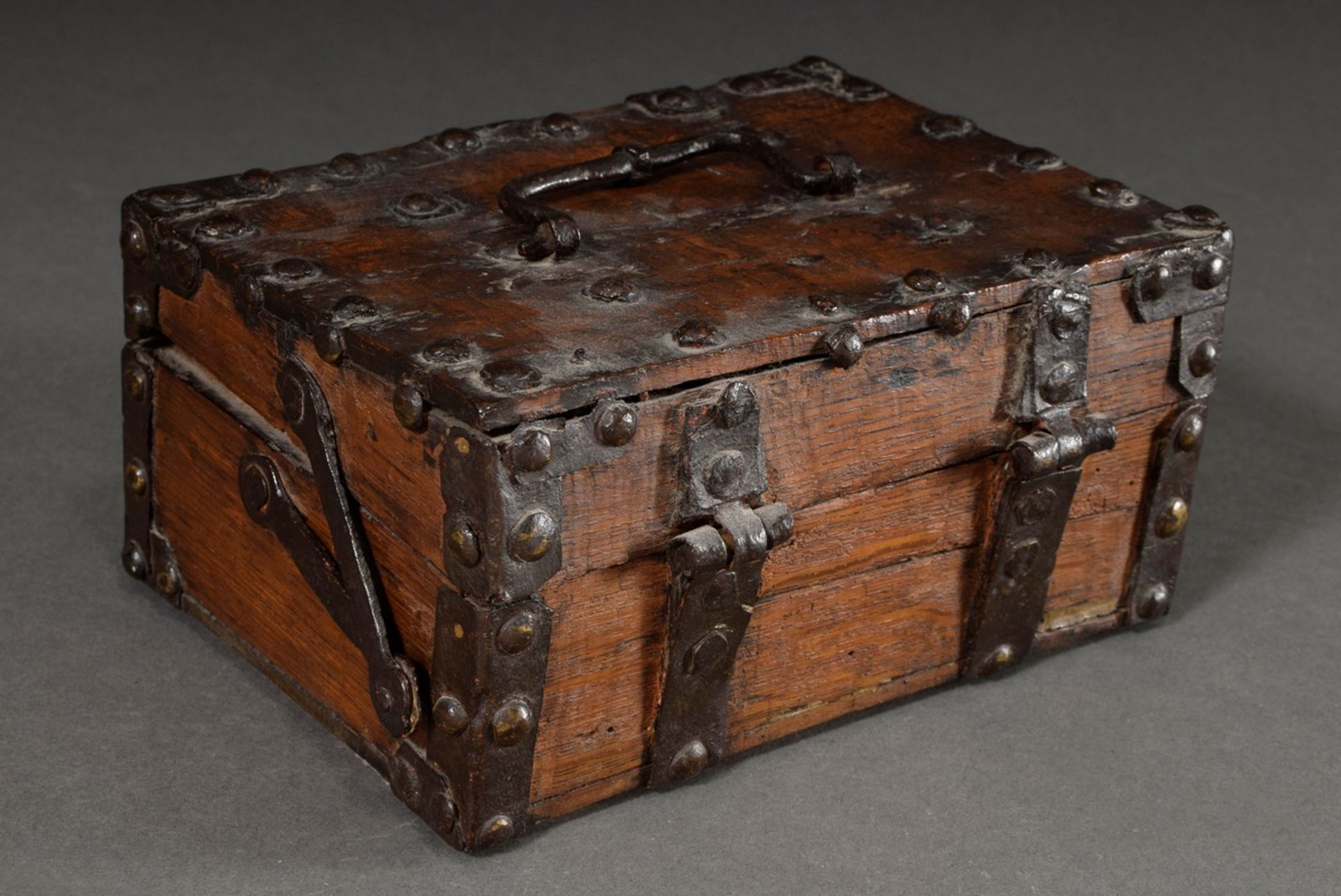 Rustic wooden box with iron band fittings and lock, probably 18th century, 10x20,5x14cm, various de - Image 2 of 7