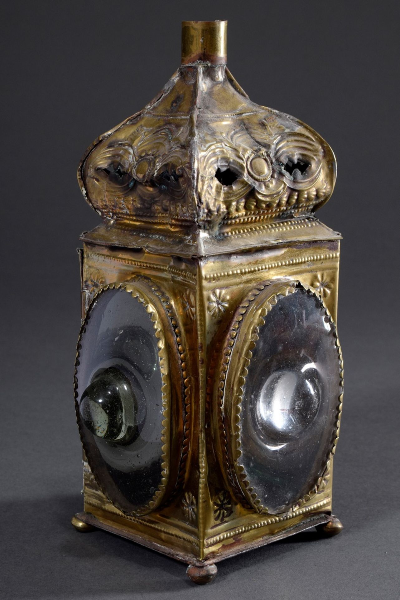 Square brass travel or night lantern with chased decoration and light green bull's eye panes, 18th 