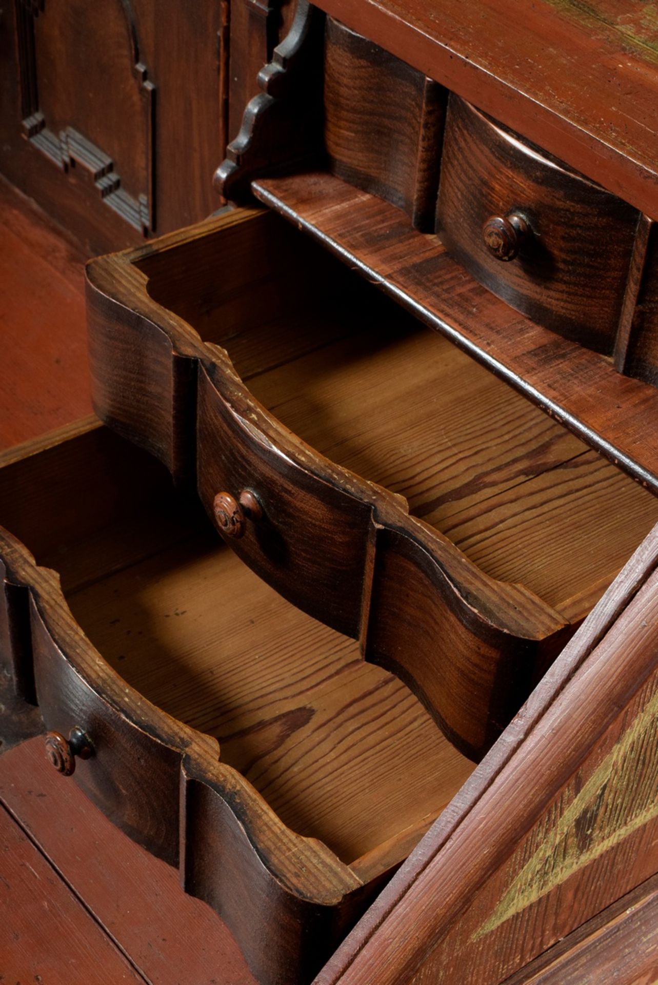 Rustic Danish secretary with slanted flap, star decoration, red/gold original frame and fittings as - Image 12 of 16