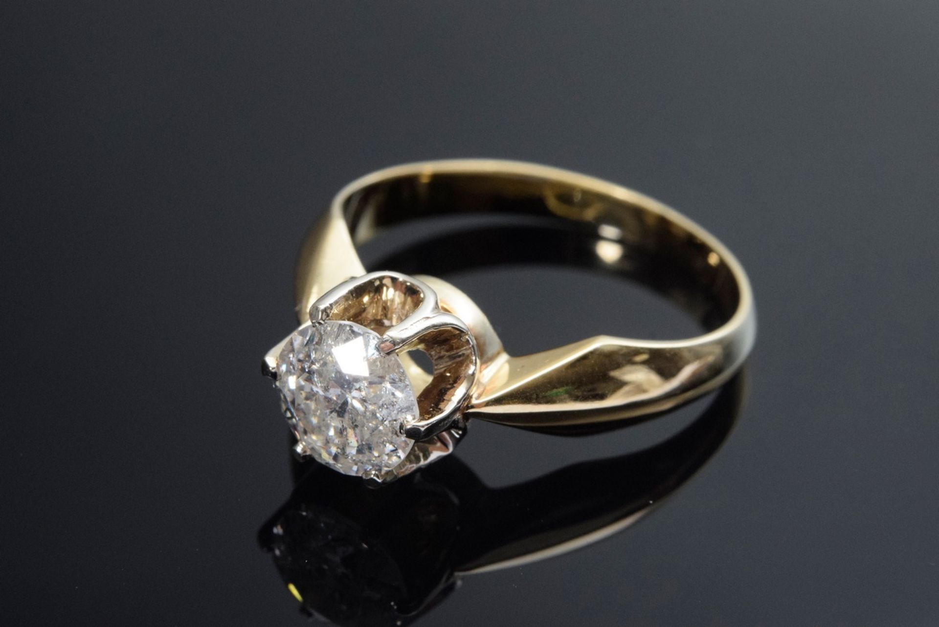 Yellow gold 585 diamond solitaire ring (approx. 1.03ct/P3/TC) in classic prong setting, 3.8g, size  - Image 2 of 4