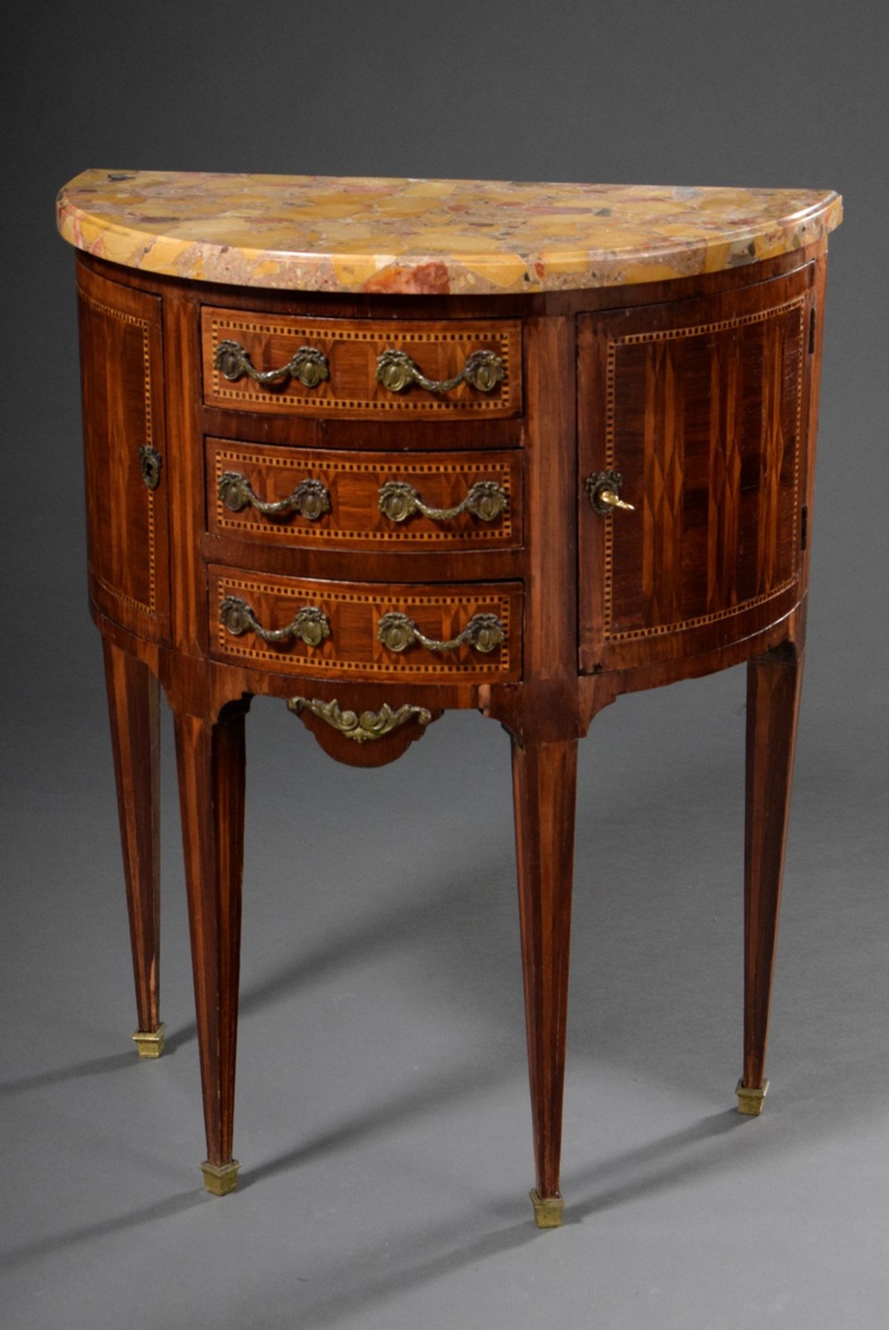 Dainty demi lune console chest with geometric marquetry and marble top in Louis XVI style, end of 1 - Image 3 of 9