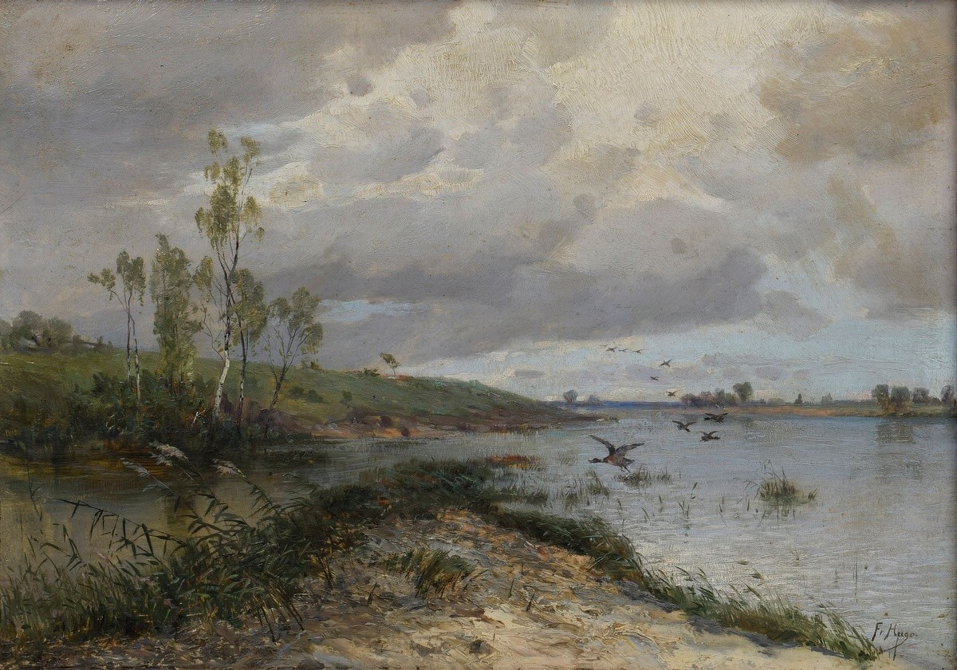 Unbekannter Künstler um 1900 (F. v. Hugo ?) "An der Weser" (Einfliegende Enten), Öl/Malpappe, u.r. 