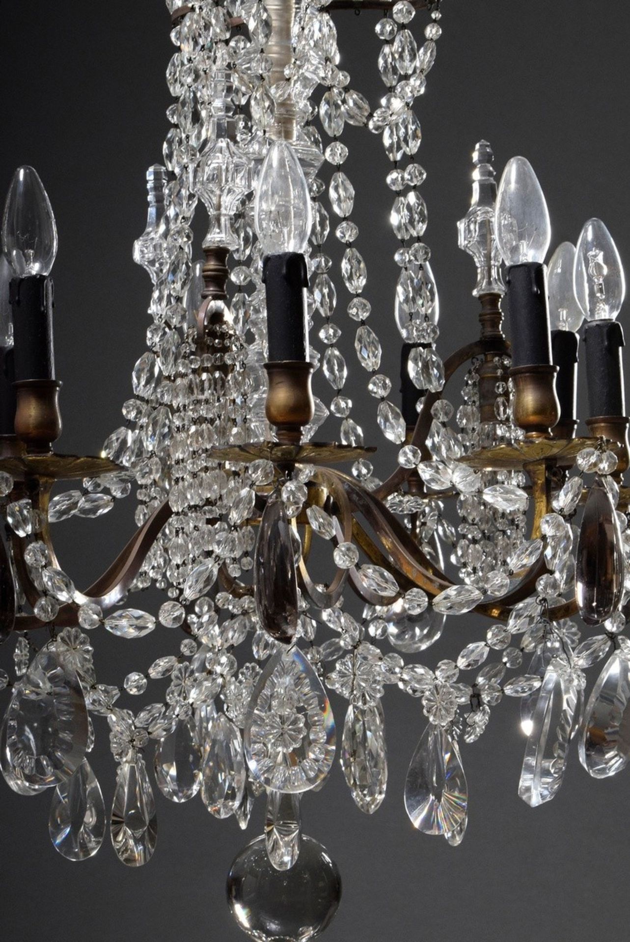 Fire-gilt bronze chandelier with elaborate prismatic hangings and cut balusters on a triangular bas - Image 2 of 9