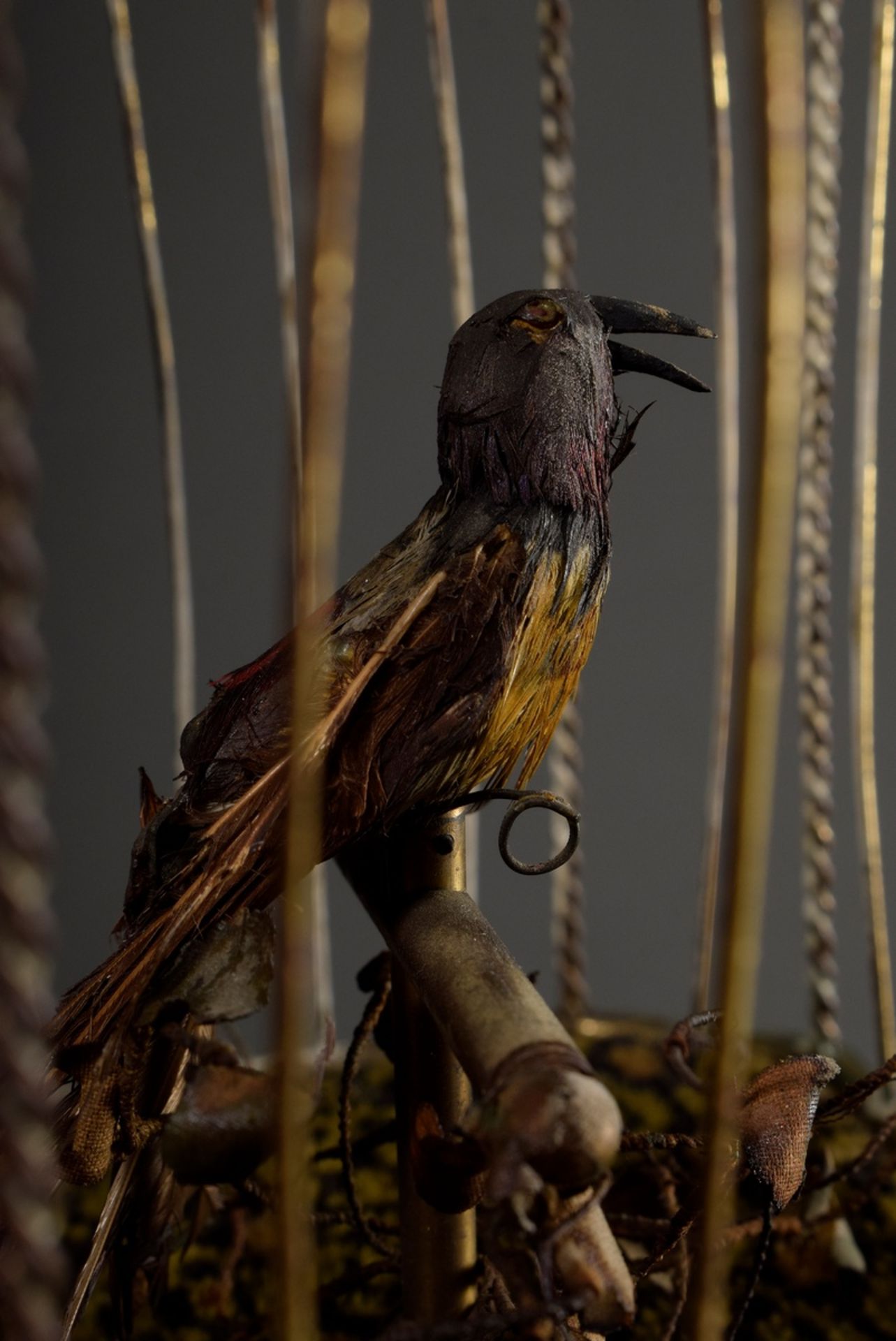 Singing bird automaton with small feathered bird on rod in brass wire cage on gilded wood base with - Image 4 of 6