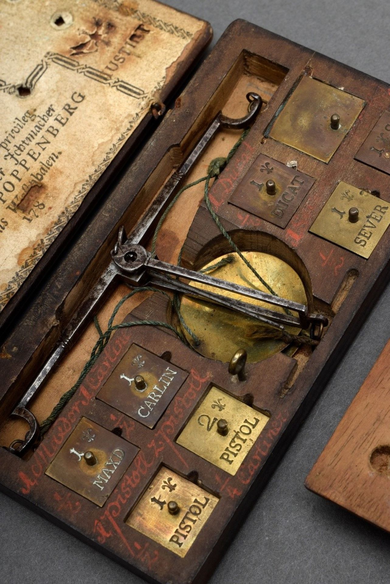 2 Various antique iron coin scales with brass weighing bowls in wooden boxes with various weights,  - Image 4 of 5