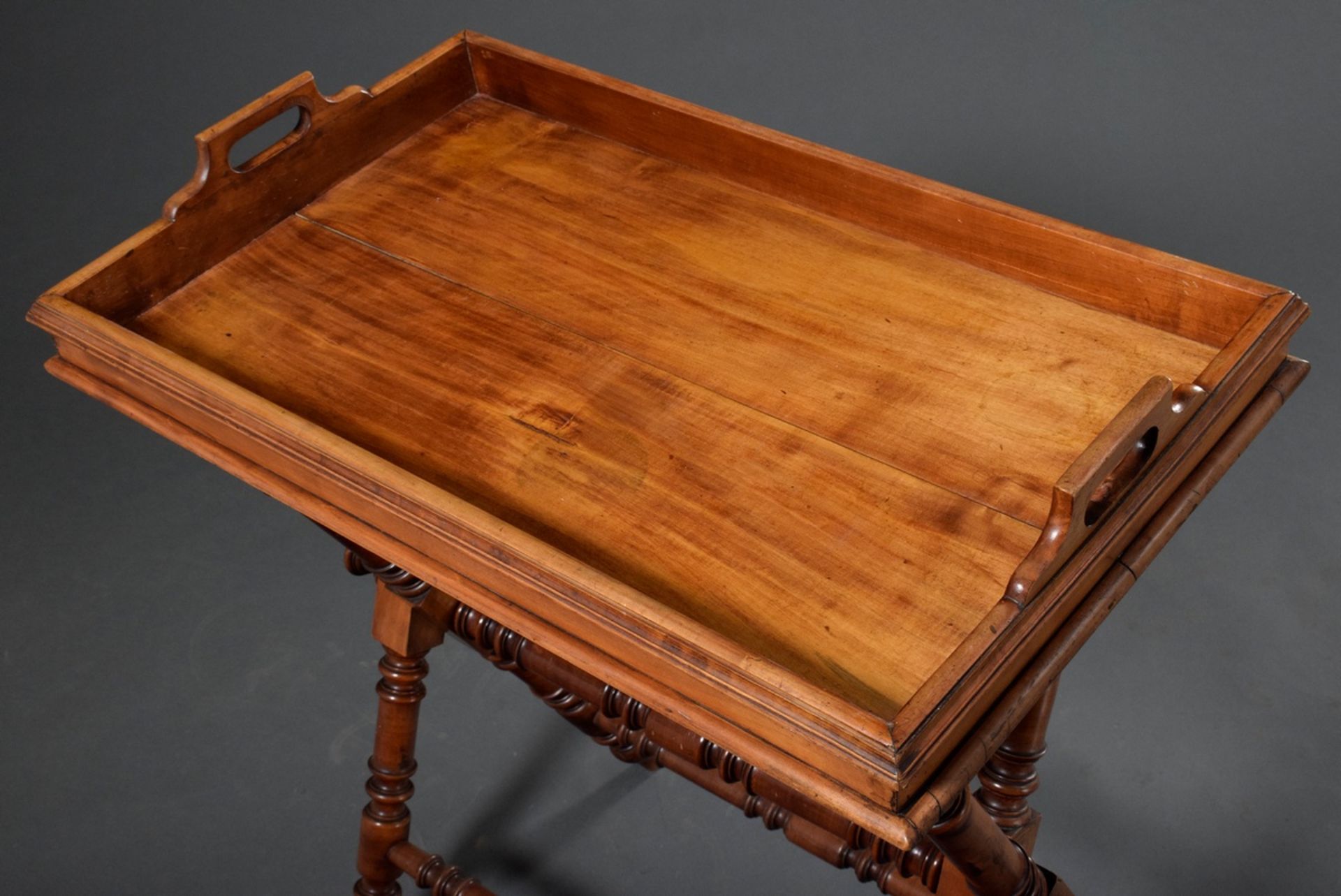 Tray table with turned scissors frame, walnut, c. 1880, 70x70x44cm - Image 2 of 4