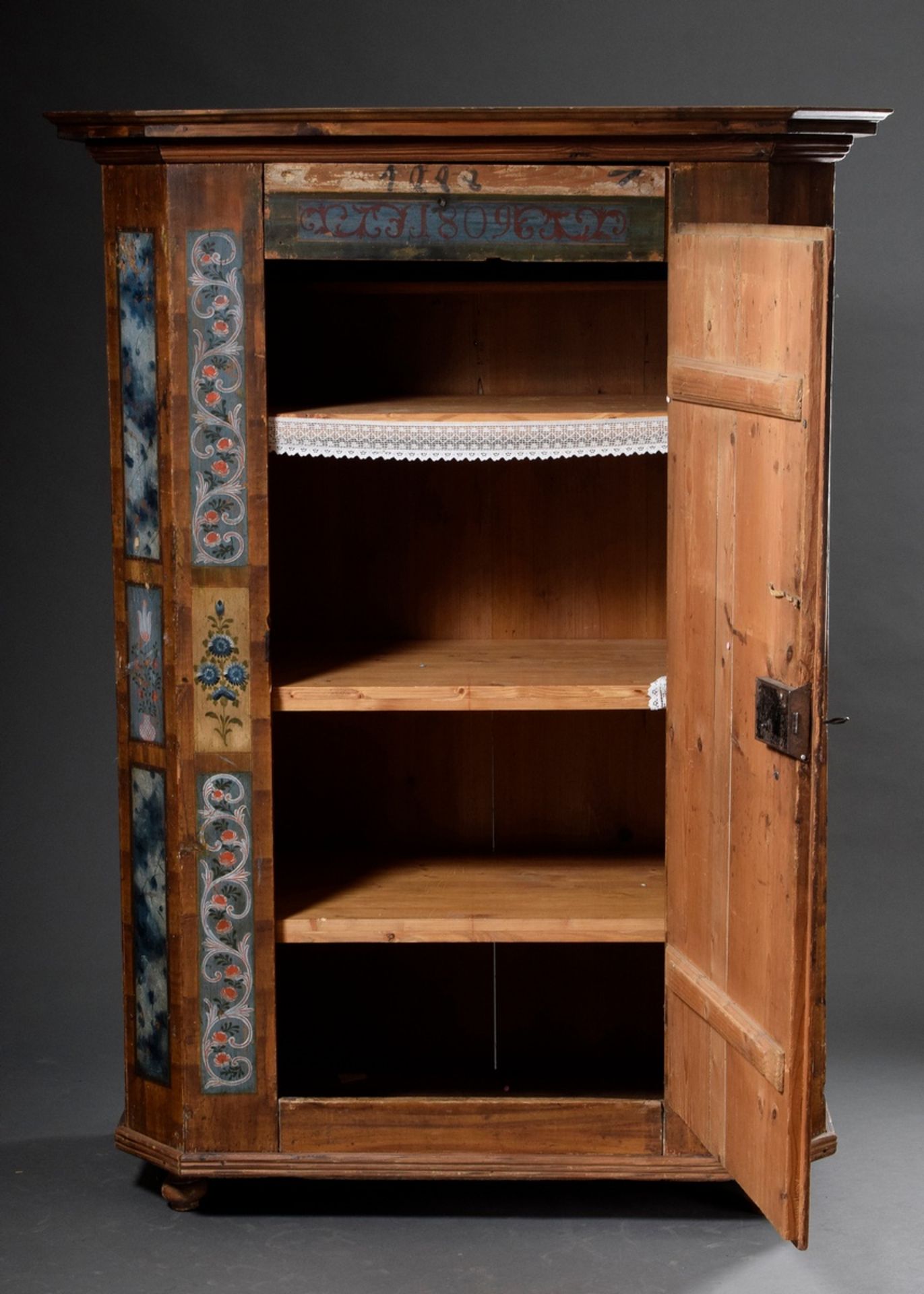 Small single-door Alpine peasant cabinet with floral painting, dated 1809, softwood, 176x91x65cm - Image 2 of 11