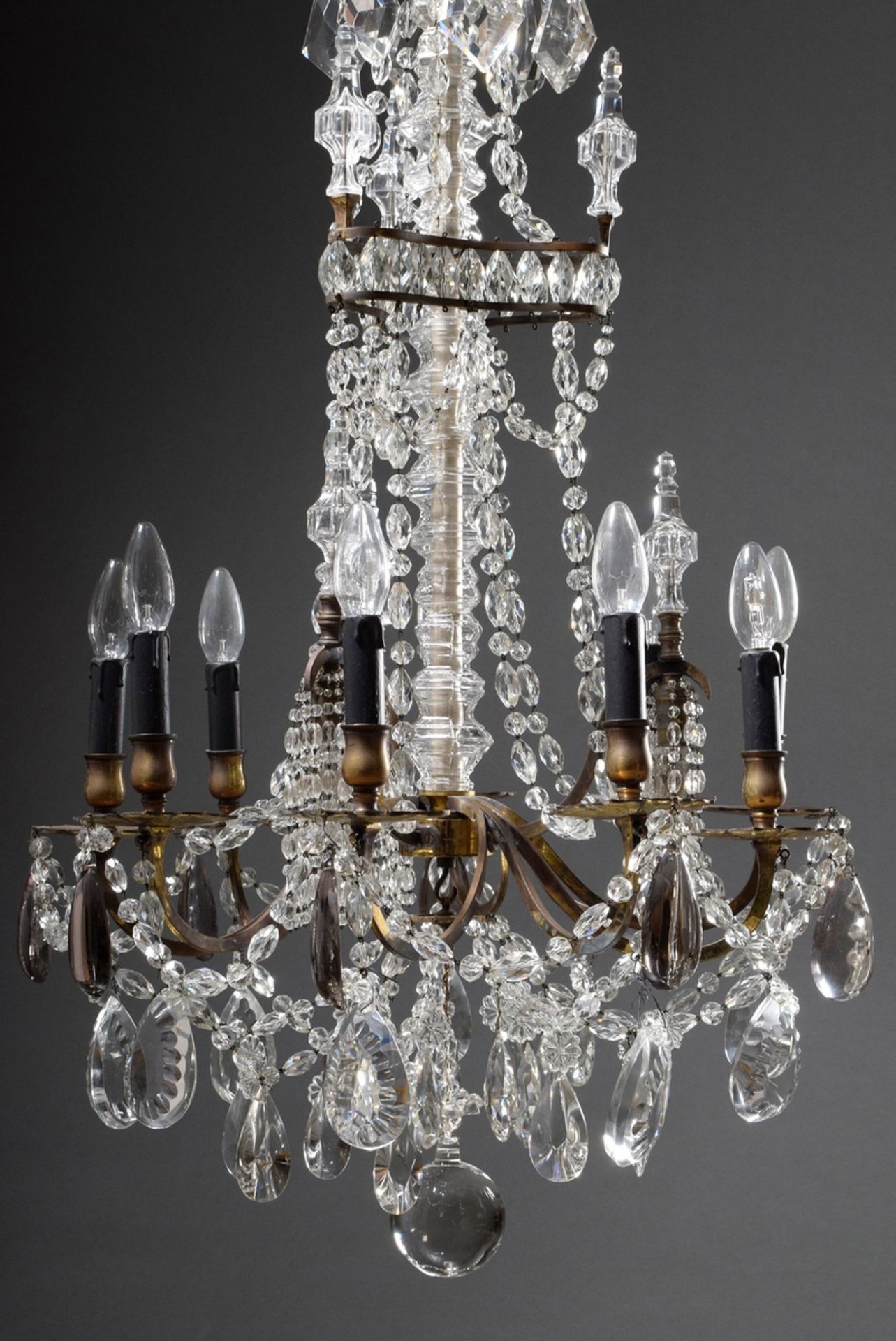 Fire-gilt bronze chandelier with elaborate prismatic hangings and cut balusters on a triangular bas - Image 3 of 9