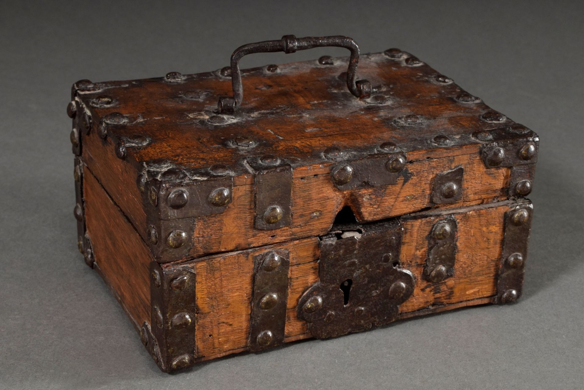 Rustic wooden box with iron band fittings and lock, probably 18th century, 10x20,5x14cm, various de