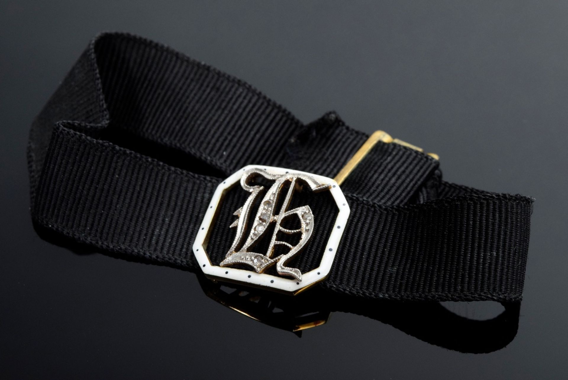 Black rep bracelet with openwork yellow gold 585 monogram plaque "H" and small diamond roses in ena