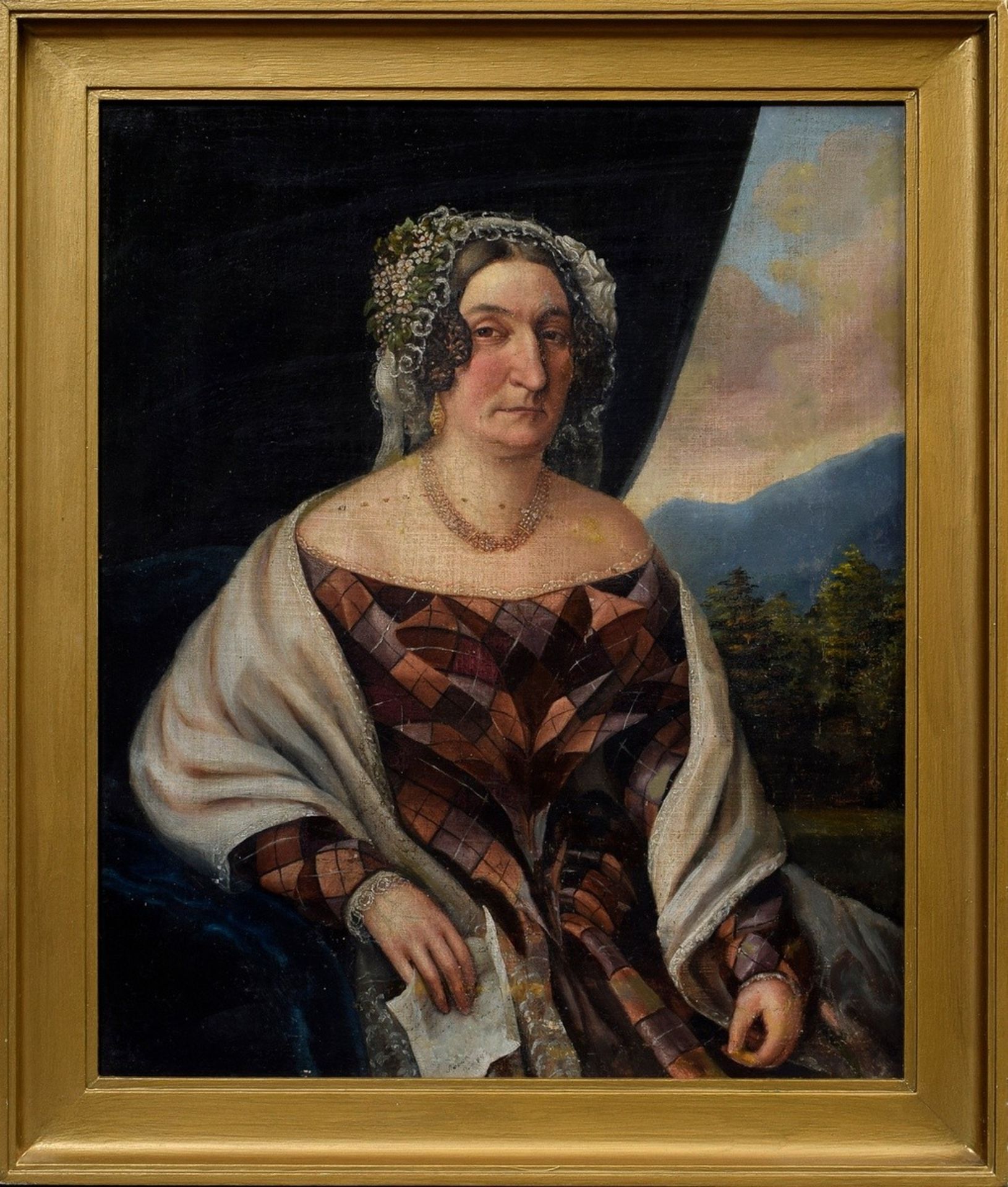 Unknown painter around 1840 "Lady in checkered dress with letter", oil/canvas, doubled, 42,5x35,7cm - Image 2 of 4