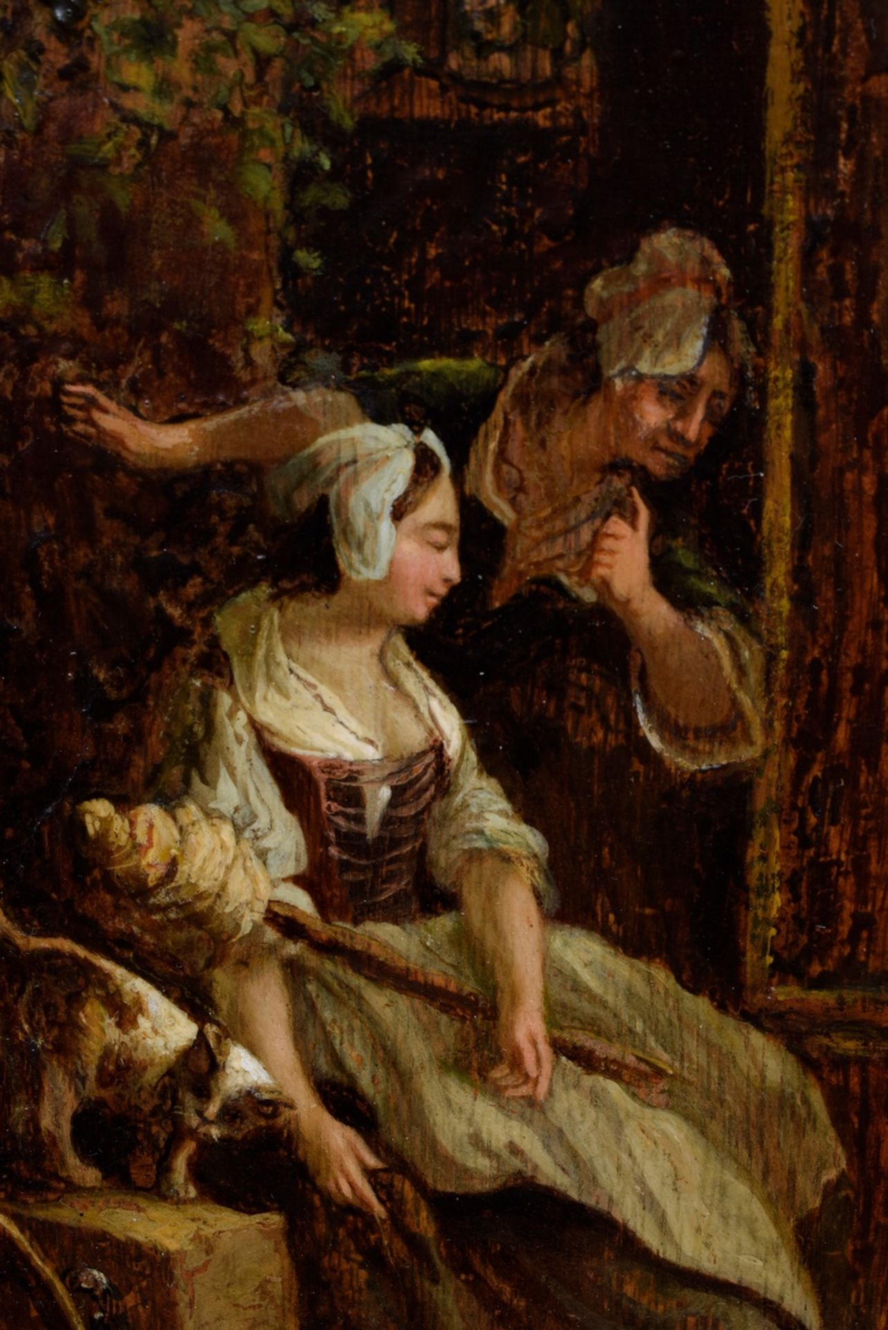 Unbekannter Maler des 18.Jh. "Zwei Frauen mit Katze vor dem Haus", Öl/Holz, 38,5x31,5cm (m.R. 54,5x - Bild 4 aus 8