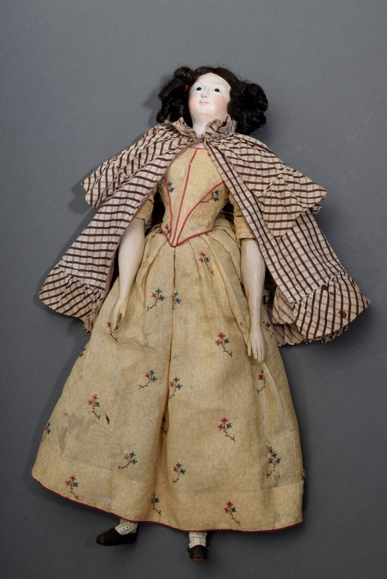 Large Biedermeier doll with mass head and inserted glass eyes, leather body, arms and legs of wood, - Image 3 of 11