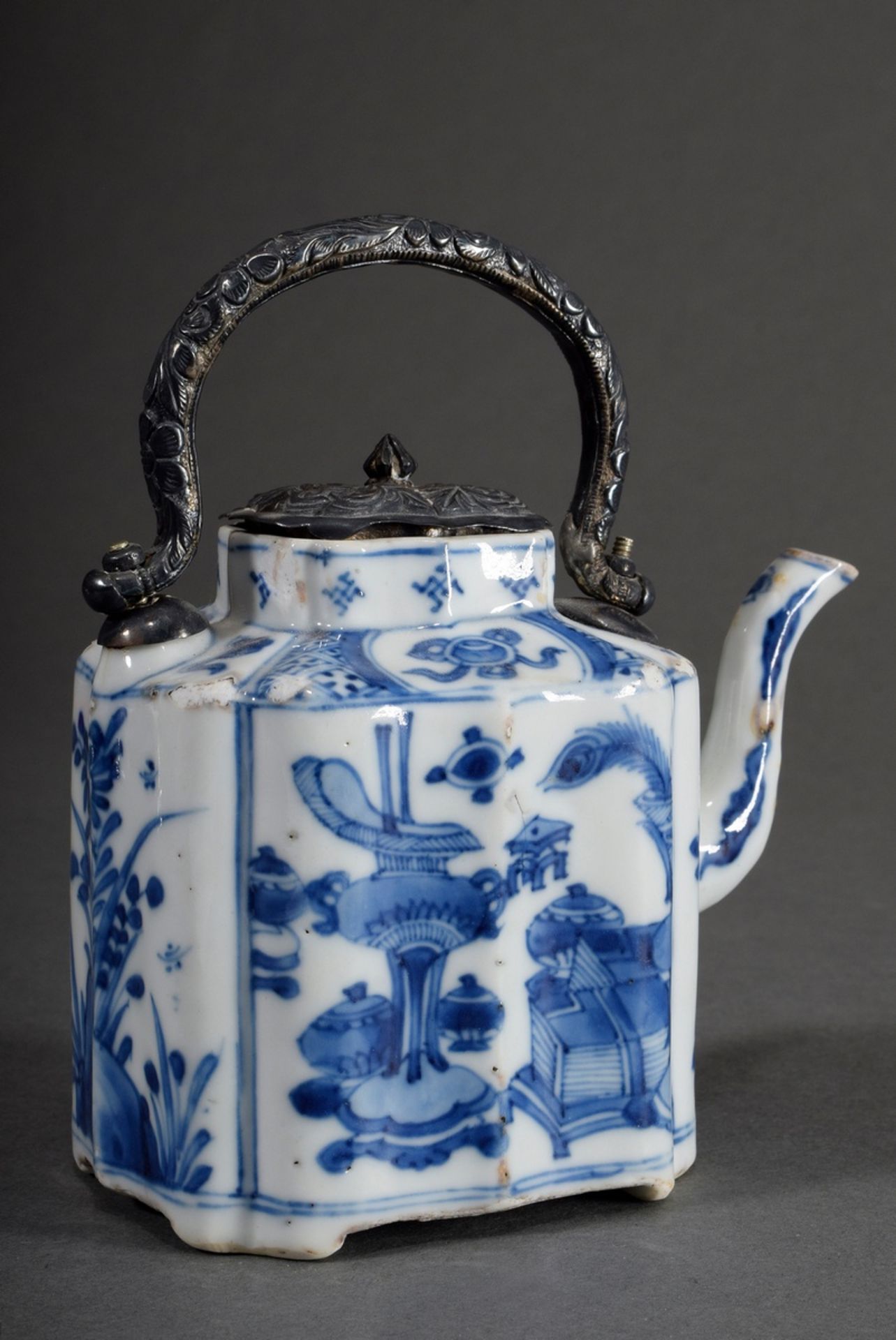 Small Chinese teapot with blue painting decor "Buddhist Symbols and Scholar Objects" on faceted wal - Image 2 of 6