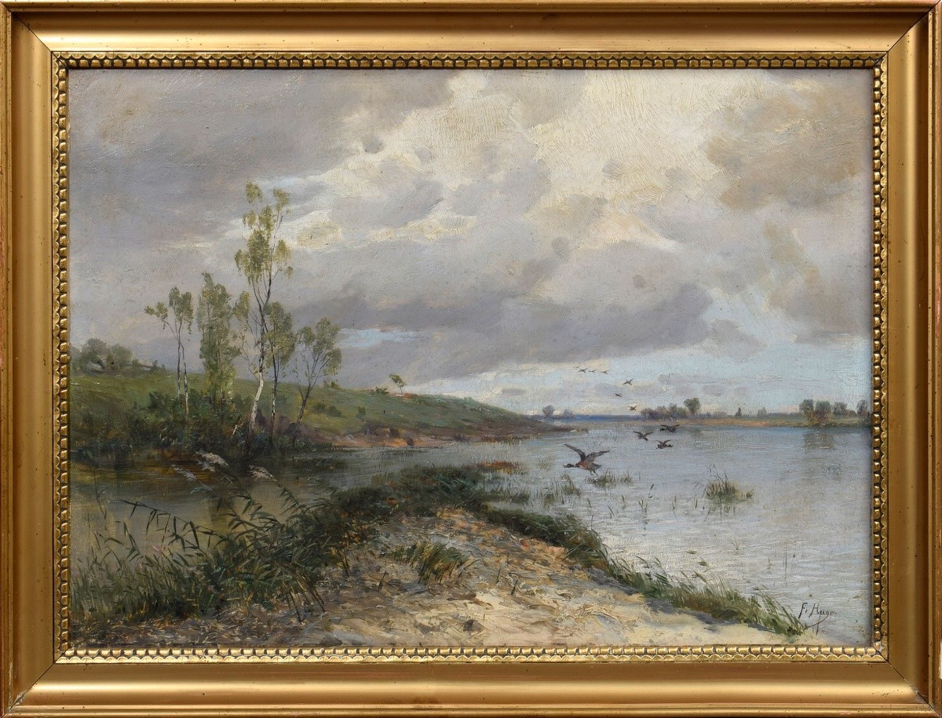 Unbekannter Künstler um 1900 (F. v. Hugo ?) "An der Weser" (Einfliegende Enten), Öl/Malpappe, u.r.  - Bild 2 aus 5