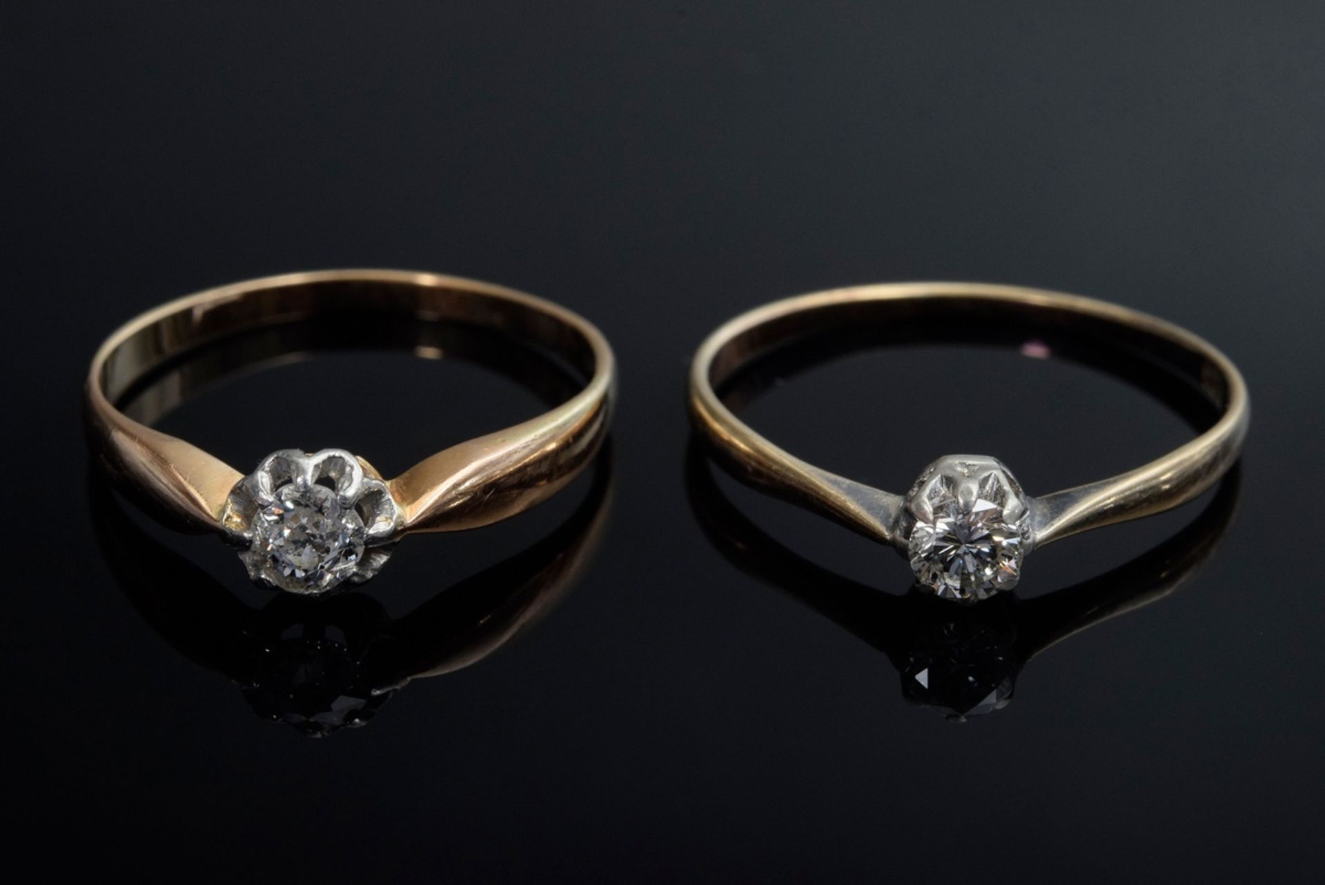 2 Various red gold 585 rings: 1x with old cut diamond (ca. 0.18ct/P1/TCR) and 1x with brilliant cut - Image 2 of 3