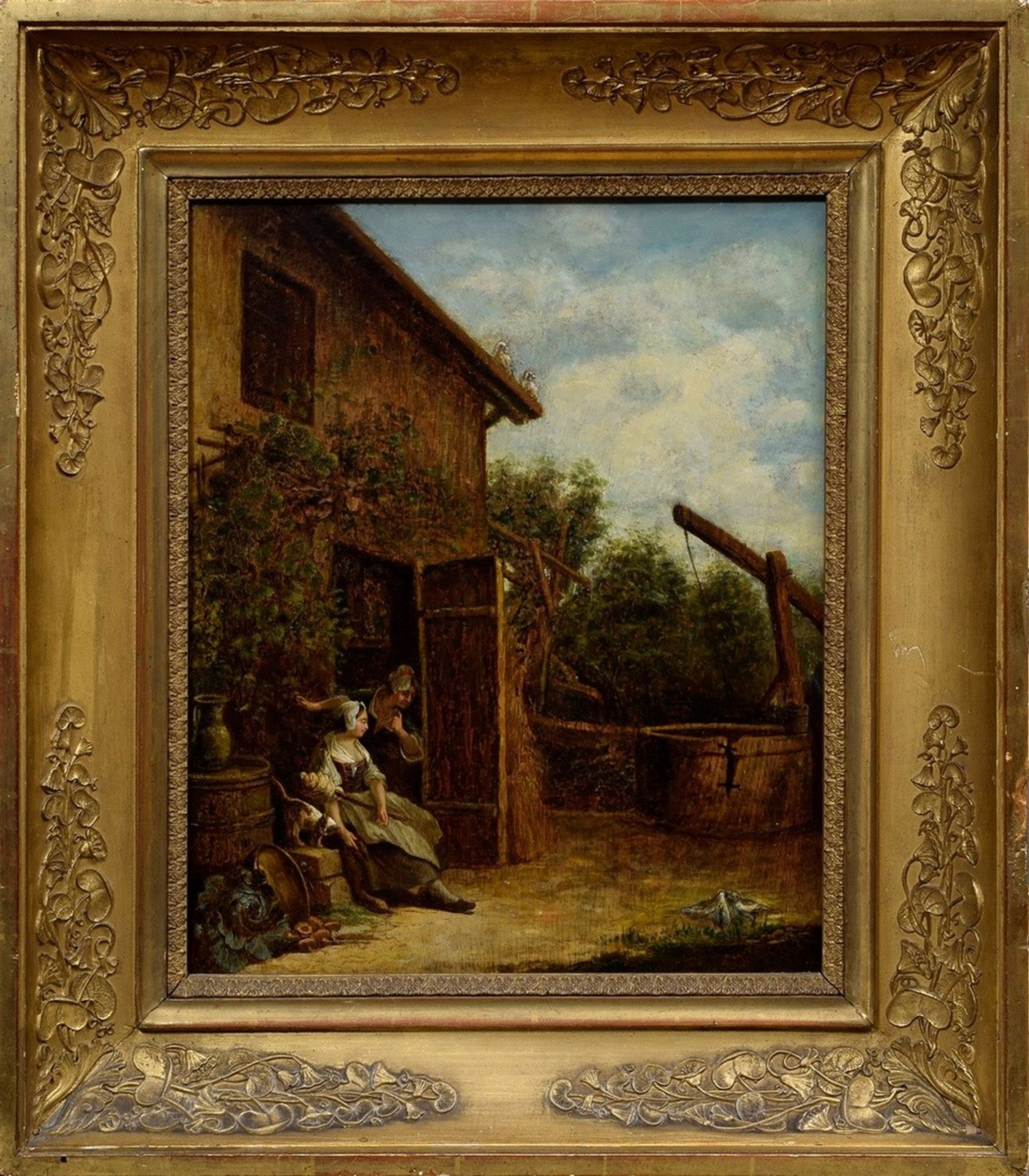 Unbekannter Maler des 18.Jh. "Zwei Frauen mit Katze vor dem Haus", Öl/Holz, 38,5x31,5cm (m.R. 54,5x - Bild 2 aus 8
