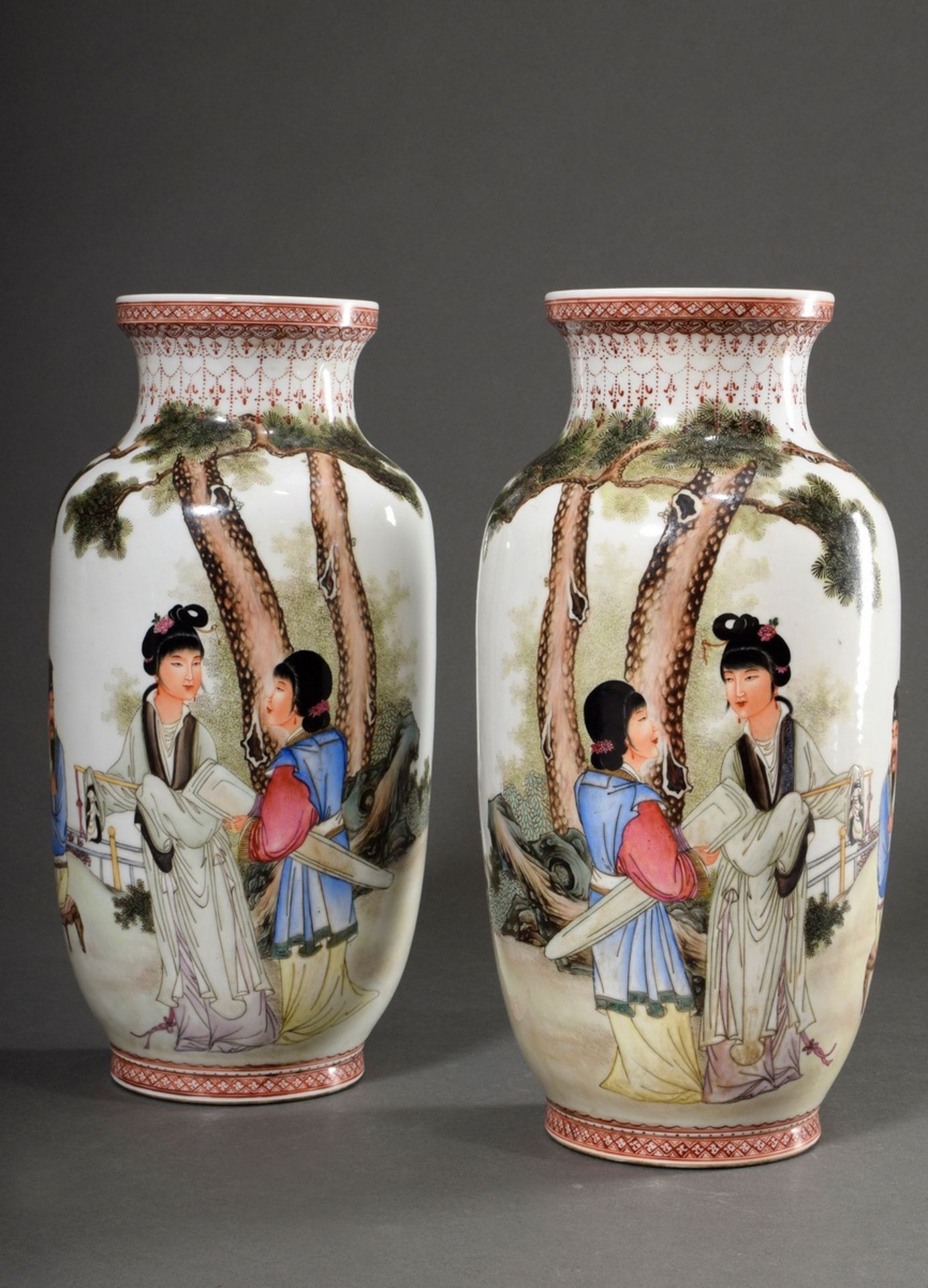 Pair of baluster vases "Scholar and two court ladies in the garden", bottom mark "Jingdezhen Art Fa