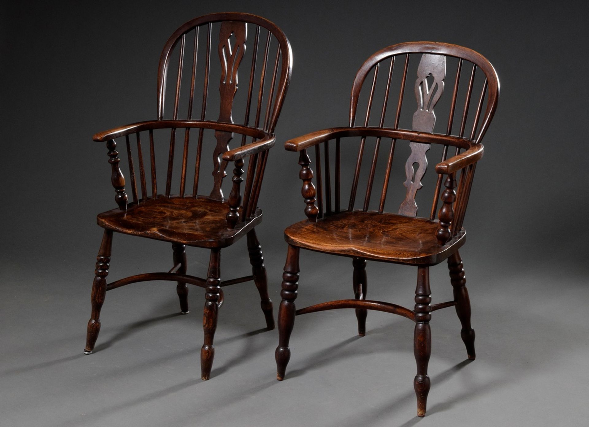 2 Various Windsor Chairs, stained elm, h. approx. 44/95 and 102, signs of age and use