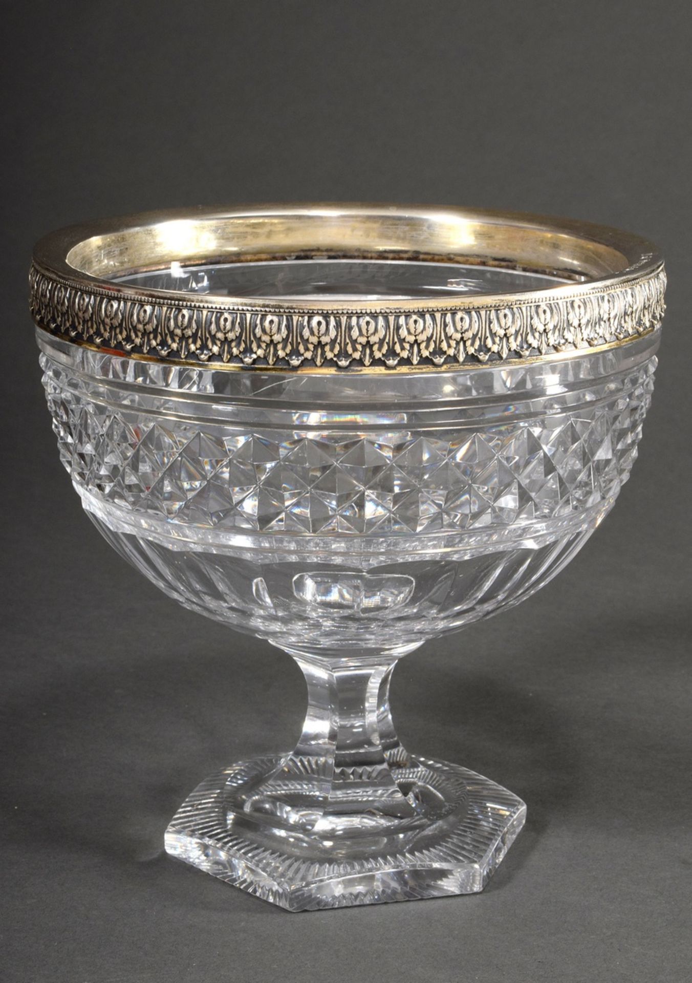 Cut crystal top bowl with gilded silver 800 leaf frieze rim and date engraving, Adolf Mogler/Heilbr - Image 2 of 4