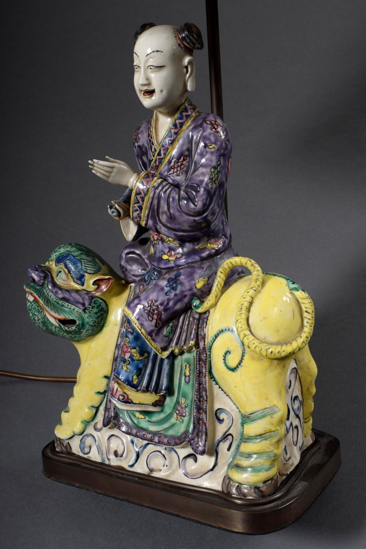 Table lamp with faience figure "Rider with scroll on fo lion" after Asian model, colourfully painte - Image 4 of 5
