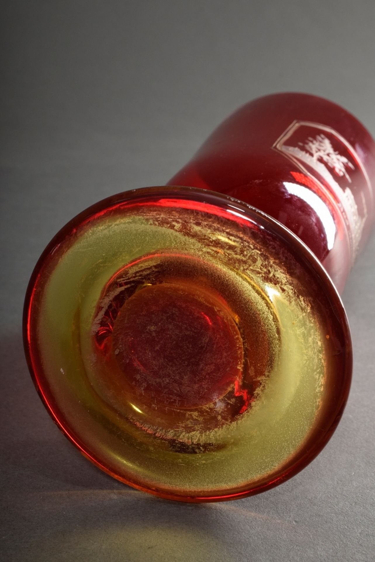 Tall red Biedermeier bath glass with finely cut, gilded view "Bad Doberan" and monogram "A.F" on a  - Image 5 of 5