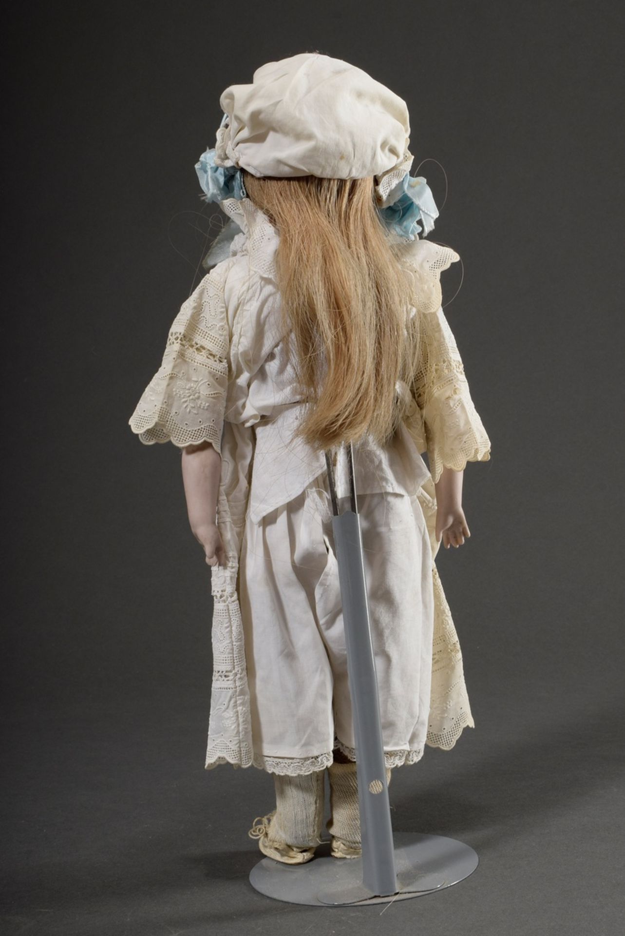 Small doll with porcelain chest head and bisque/leather body, blond real hair wig, blue glass eyes, - Image 3 of 8