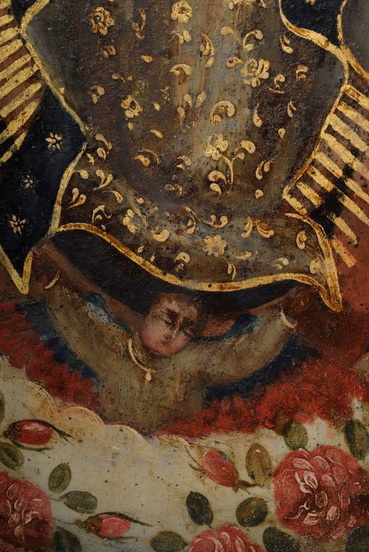 Südamerikanisches Andachtsbild "Maria Immaculata", 18./19.Jh., Öl/Metall, 45,5x35cm (oval), Defekte - Bild 4 aus 5