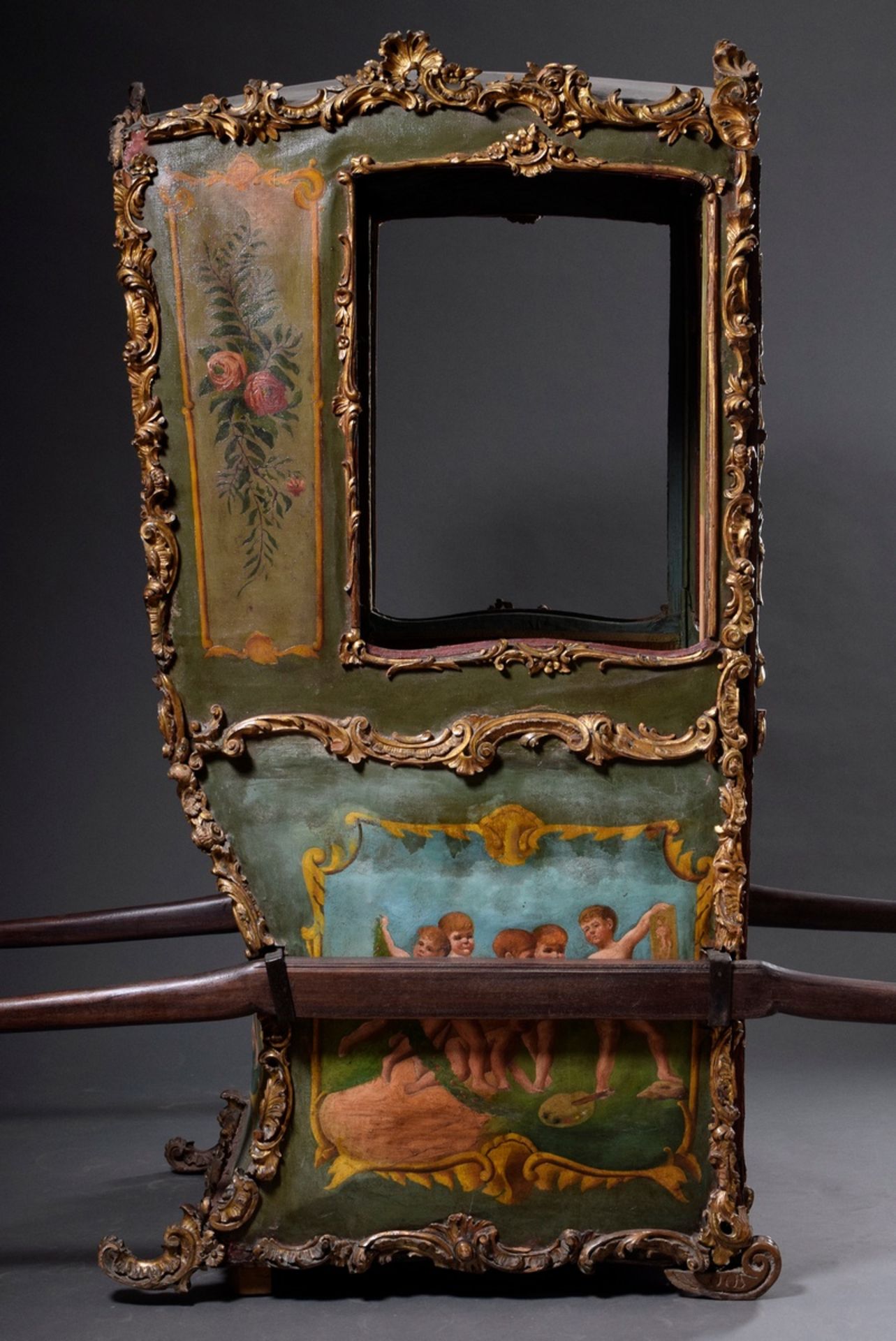 Rococo-style sedan chair with painted canvas covering "Putten-Allegorien" and carved rocaille mould - Image 3 of 15
