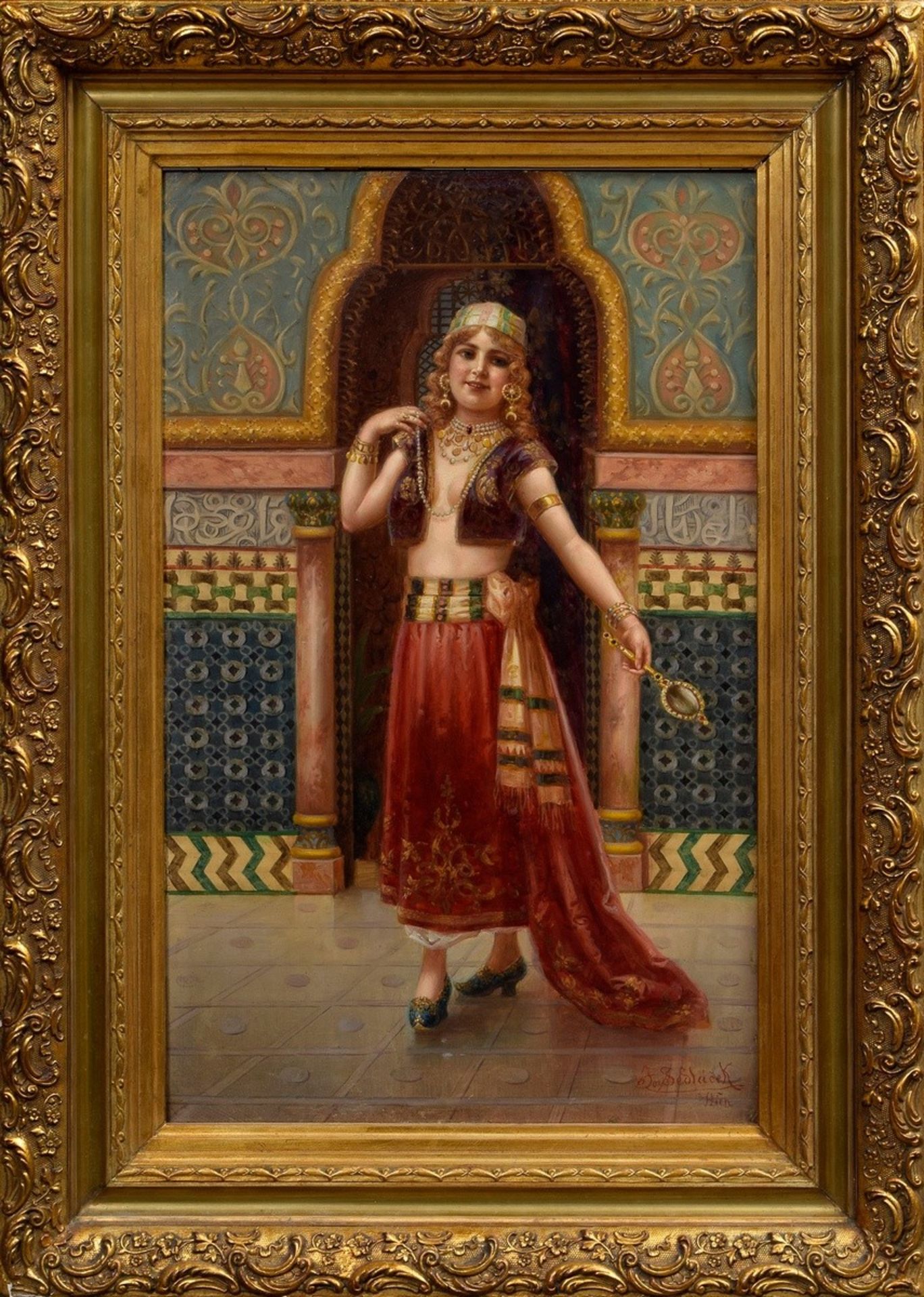 Sedlacek, Jan (early 20th c.) "Harem Lady" c. 1920, oil/wood, u.r. sign./marked "Vienna", pompous f - Image 2 of 6